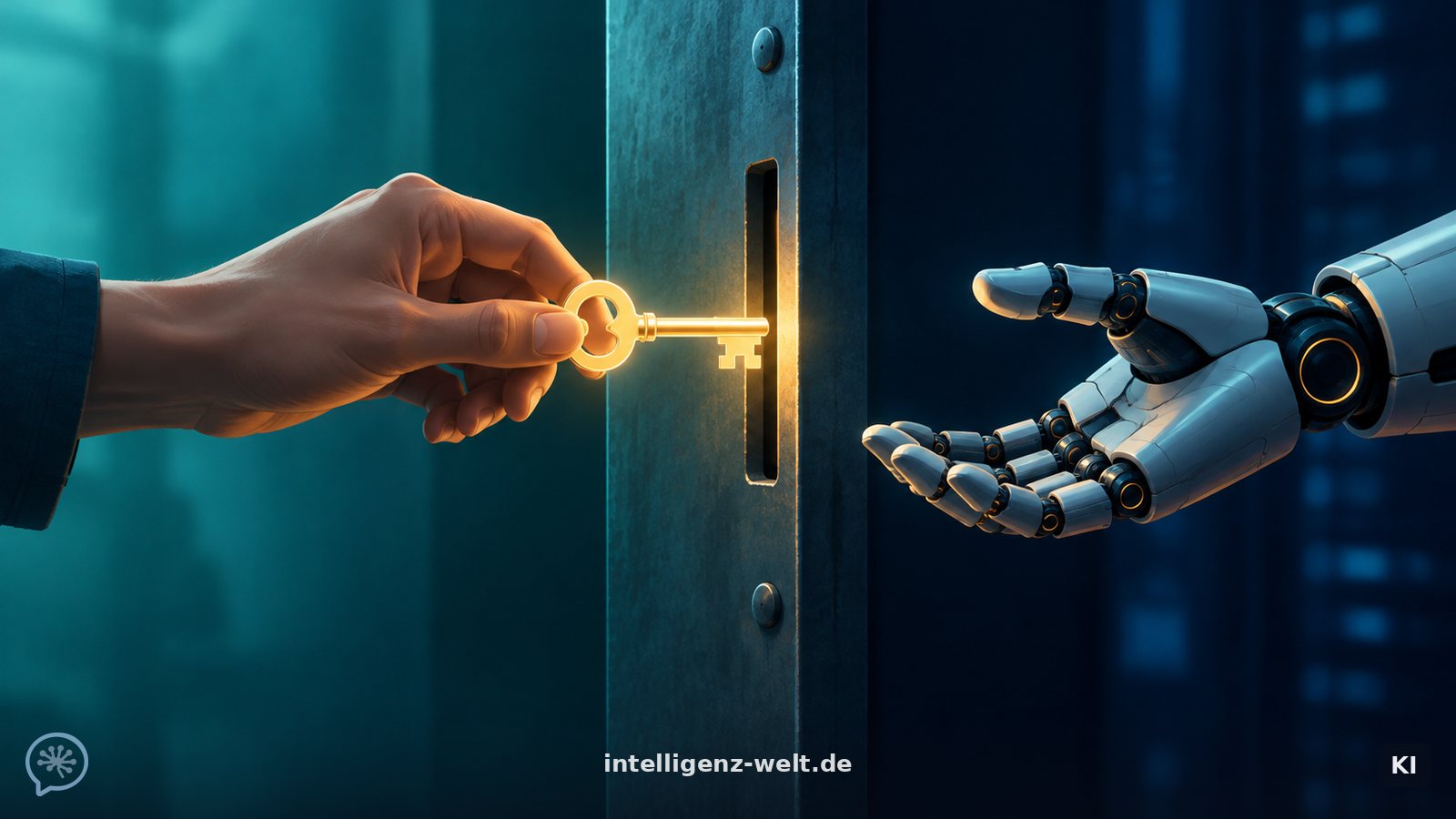 KI-generierte Illustration: eine menschliche Hand reicht einen leuchtenden Schlüssel durch einen schmalen Schlitz in einer Tür, auf der anderen Seite wartet ein Roboterarm