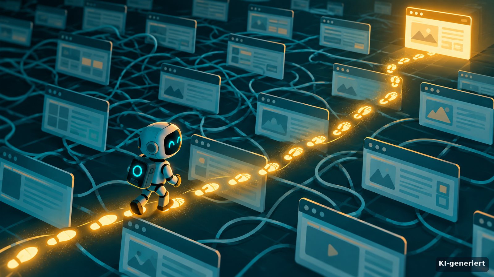 KI-generierte Illustration: ein kleiner Roboter folgt einer leuchtenden Spur aus Fußabdrücken durch ein Gewirr aus Browser-Fenstern zu einem goldenen Fenster