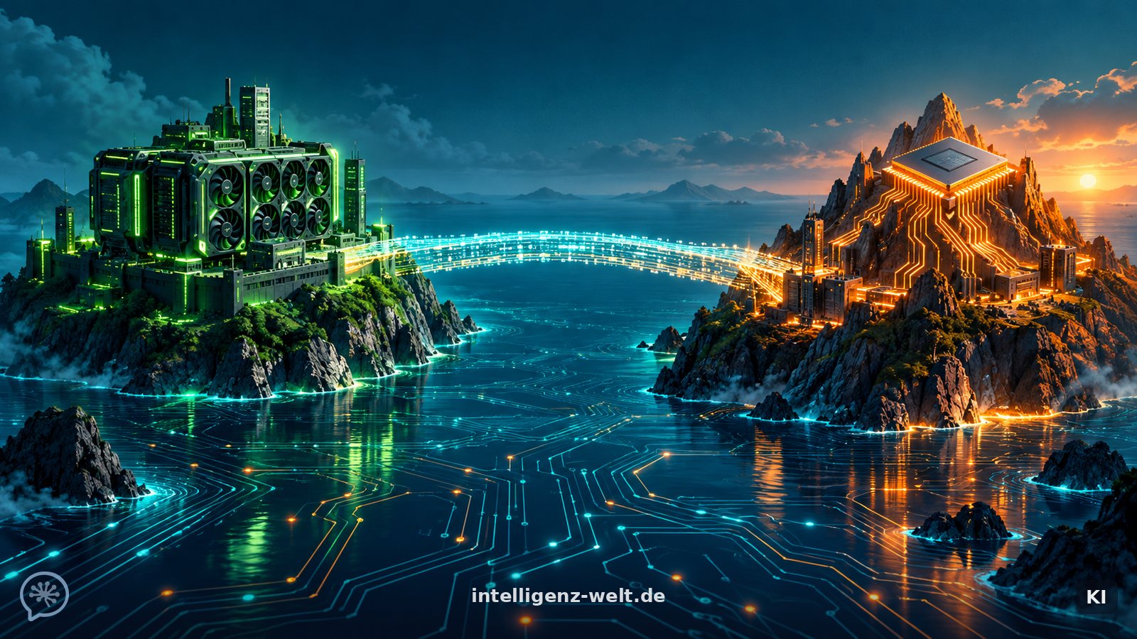 KI-generierte Illustration: eine Brücke aus leuchtendem Code verbindet zwei Inseln, links eine grüne GPU-Festung, rechts ein orange glühender Chip-Berg, eine einzelne Codezeile spannt sich wie ein Seil dazwischen
