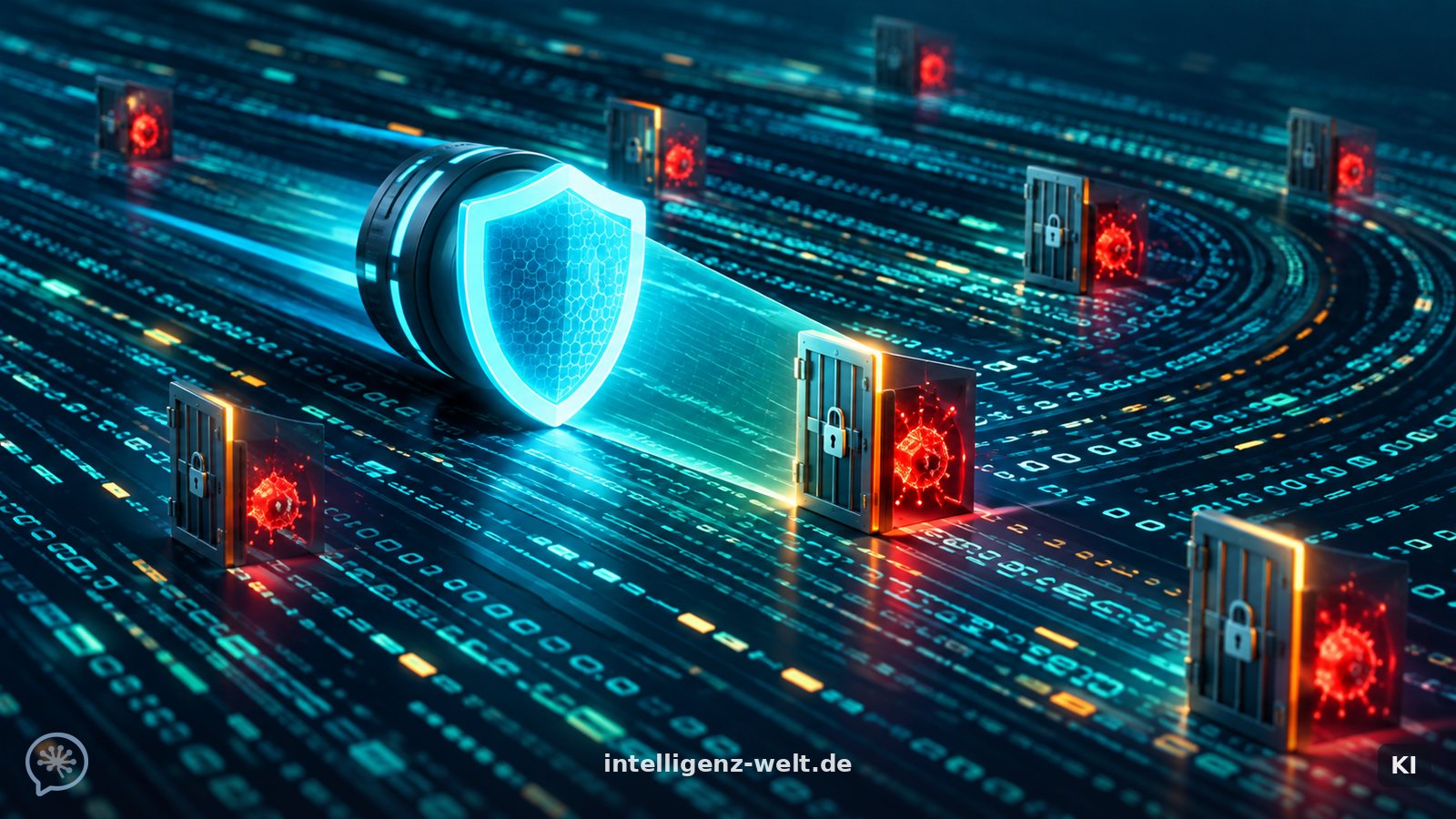 KI-generierte Illustration: ein leuchtender Schild-Scanner, der über Code-Zeilen fährt und rot glühende Schwachstellen hinter Gittertüren verriegelt