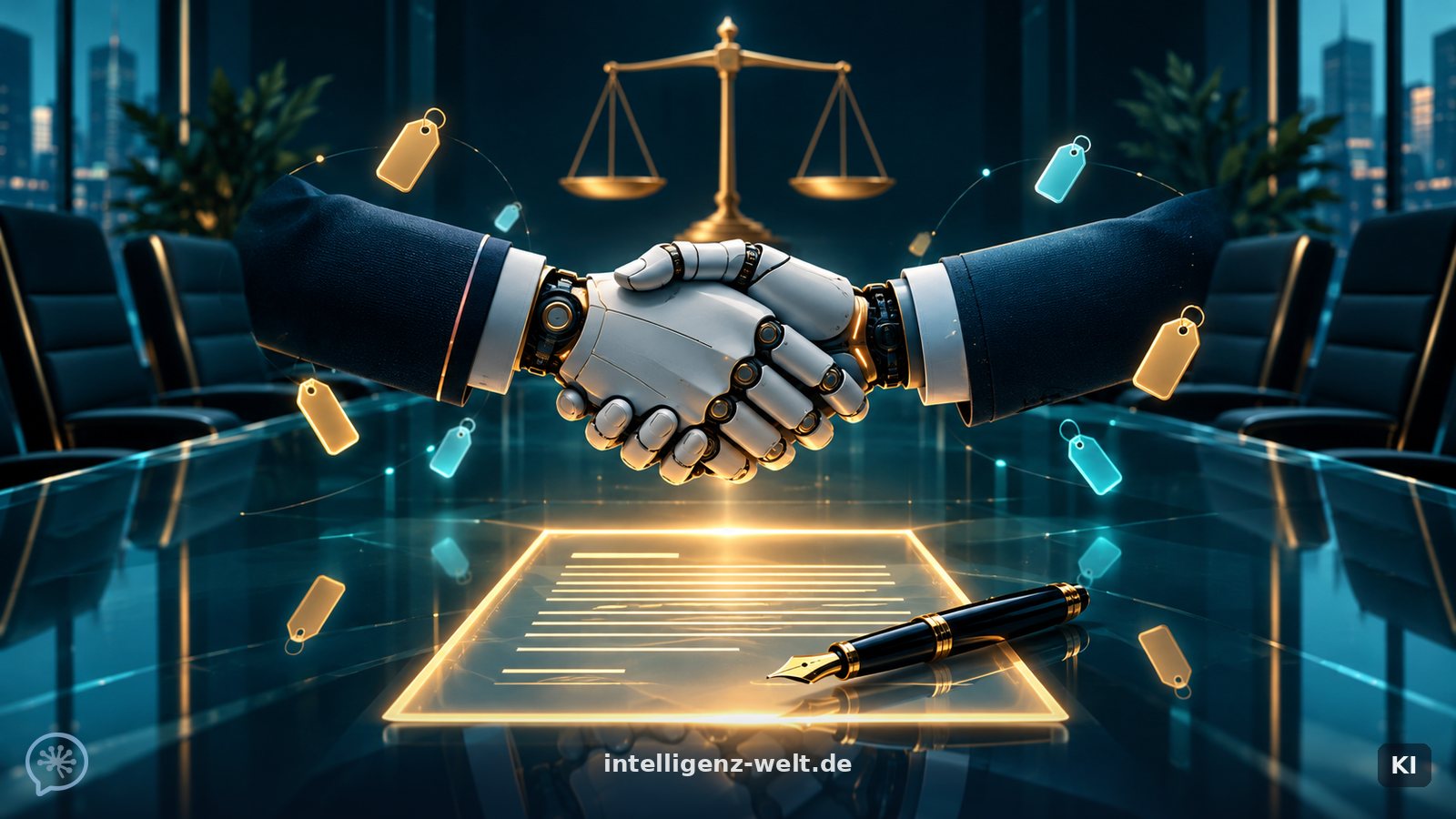 KI-generierte Illustration: zwei elegante Roboterhände schütteln sich über einem Glastisch mit einem leuchtenden Vertragsdokument und Preisschildern, im Hintergrund eine stilisierte Waage