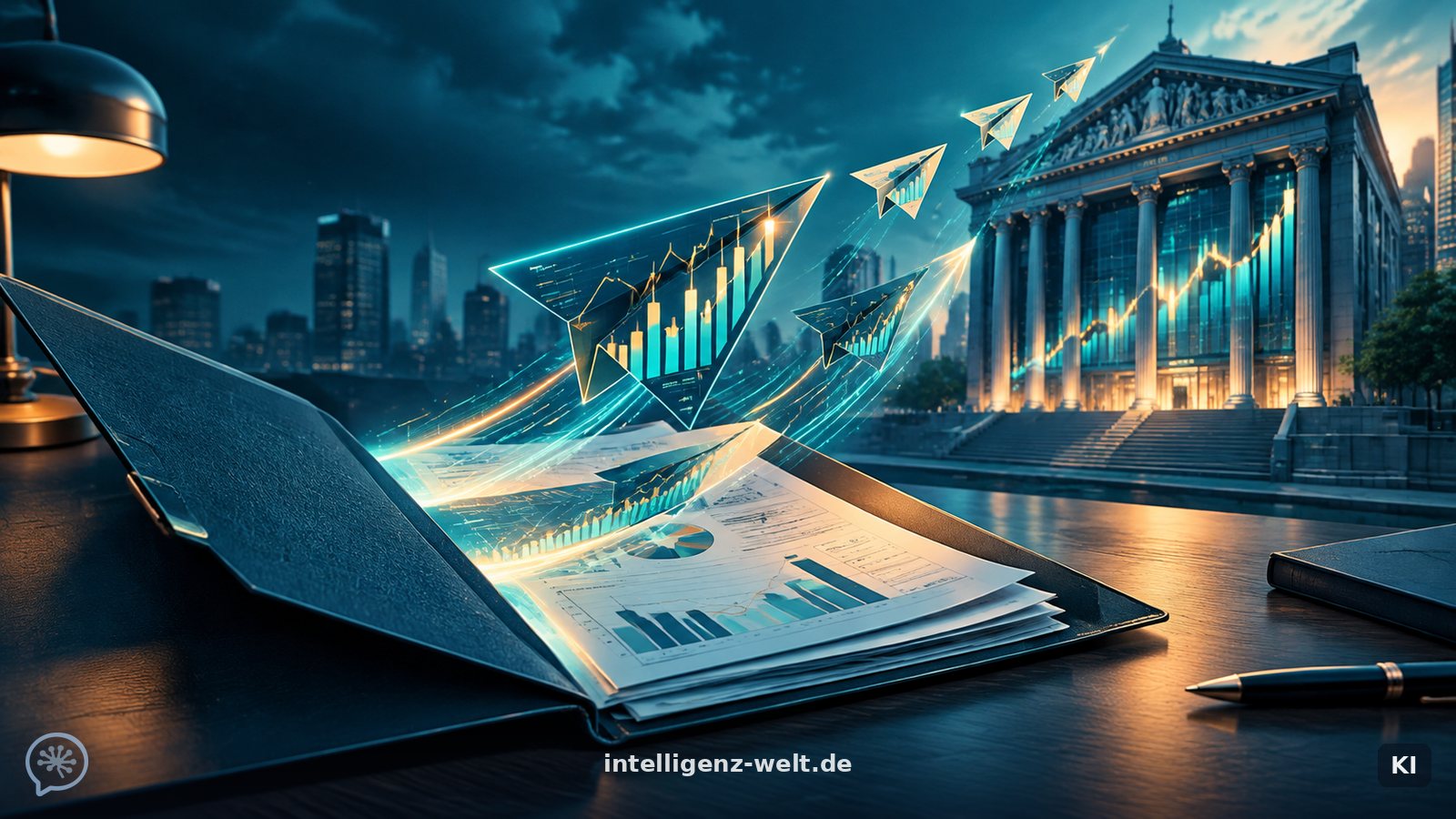 KI-generierte Illustration: ein aufgeschlagenes Aktenheft mit leuchtenden Finanzkurven, aus dem Zahlen wie Papierflieger in Richtung Börse aufsteigen