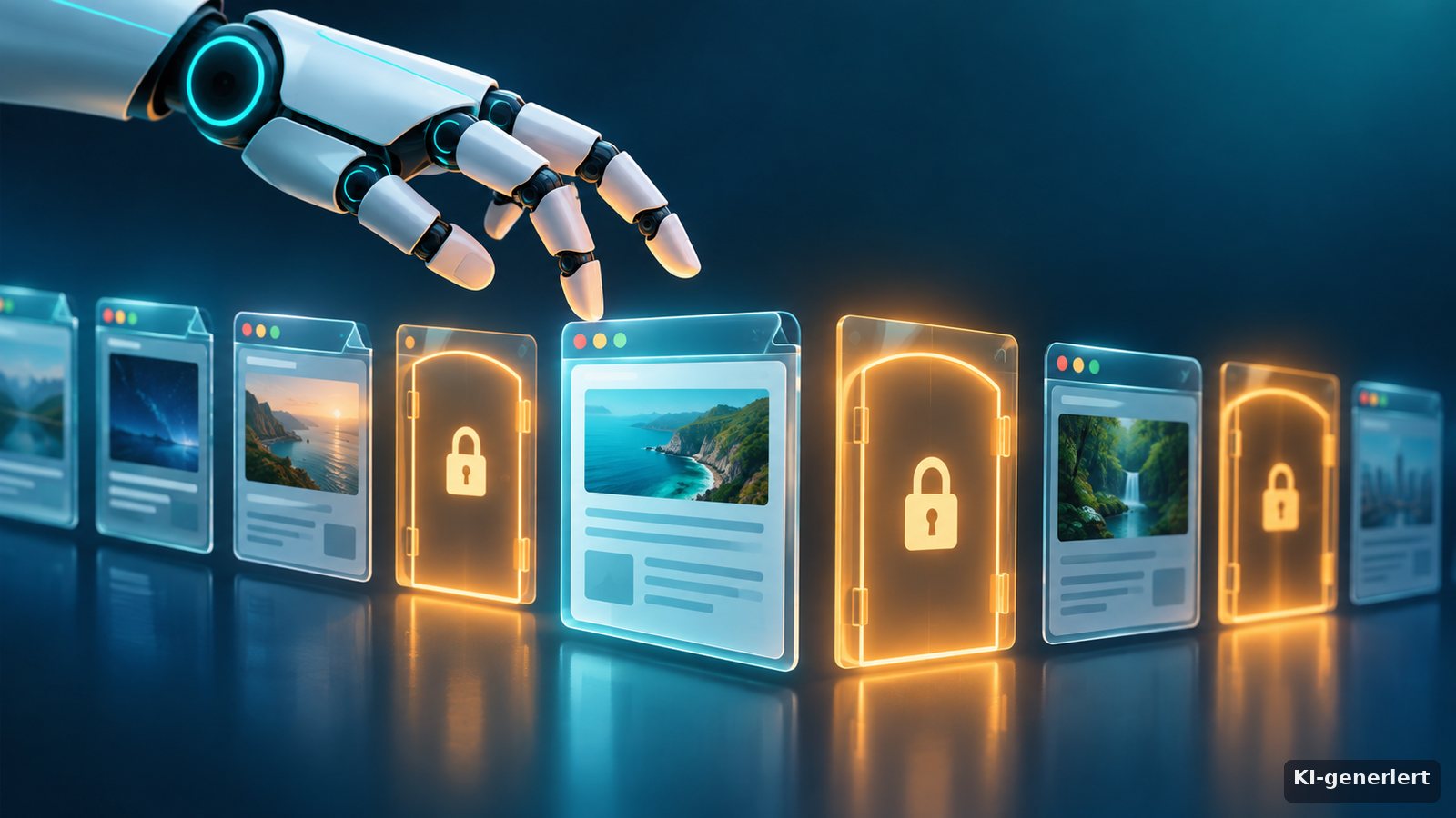 KI-generierte Illustration: eine freundliche Roboterhand schwebt über einer Reihe gläserner Browser-Fenster, einige davon sind durch leuchtende Türen mit Vorhängeschlössern versperrt