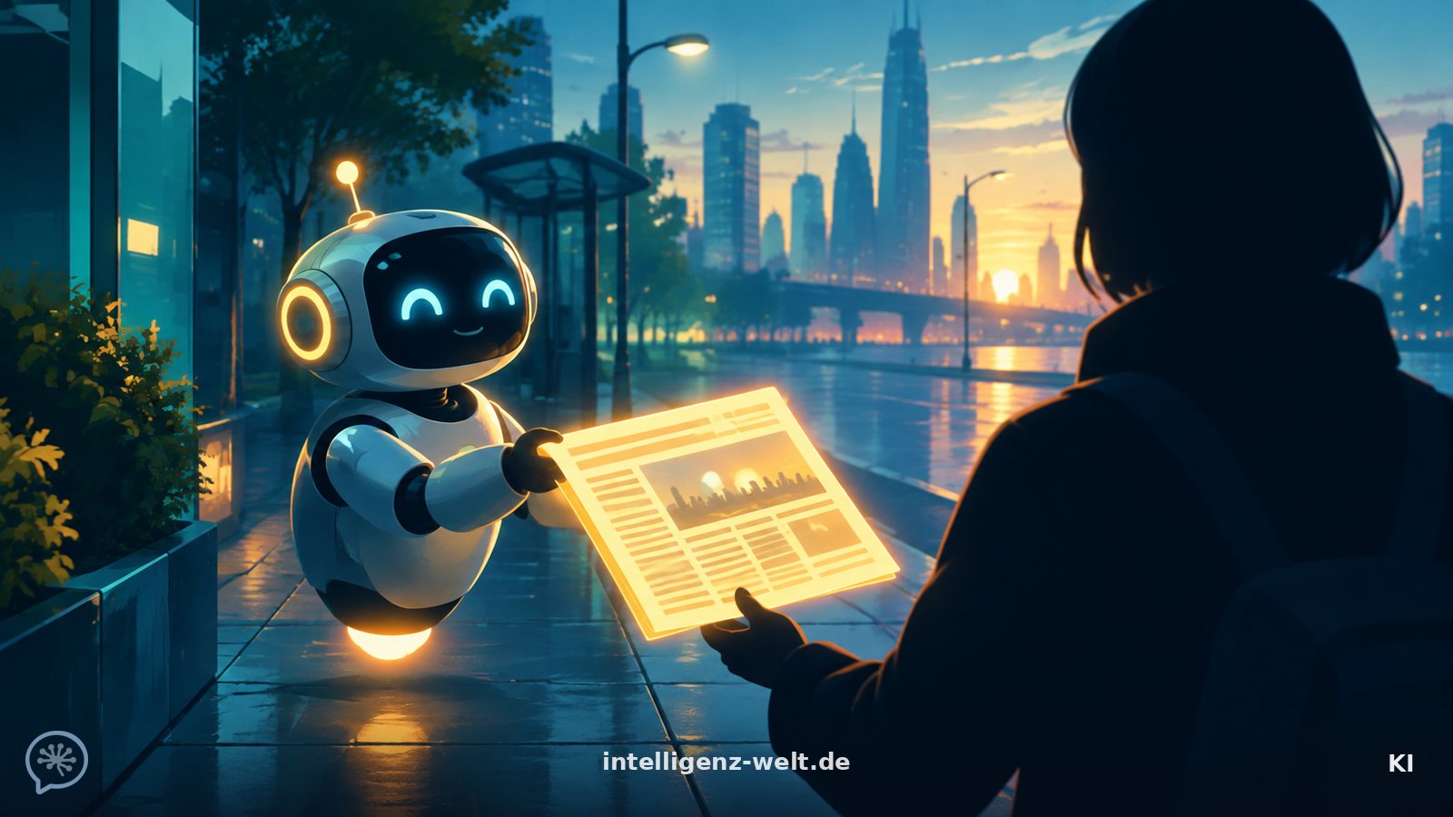 KI-generierte Illustration: ein kleiner leuchtender Begleiter-Roboter, der einer Berufsperson auf dem Weg zur Arbeit eine Morgenzeitung aus Licht reicht, Stadt im Hintergrund