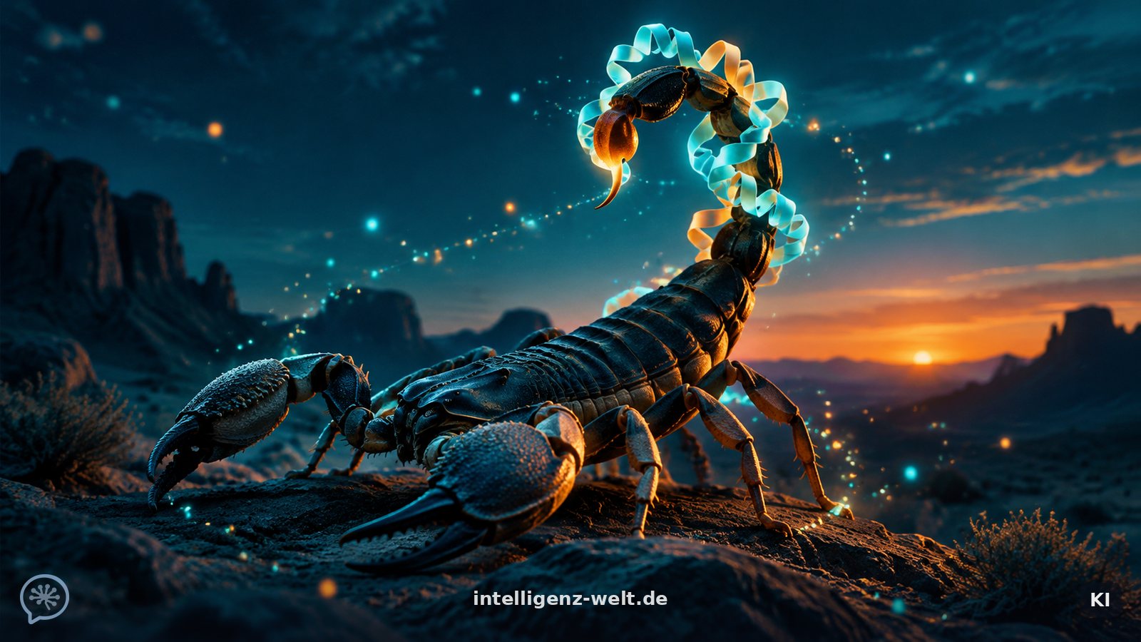 KI-generierte Illustration: ein stilisierter Skorpion, dessen Stachel von einem leuchtenden Proteinband umschlungen wird