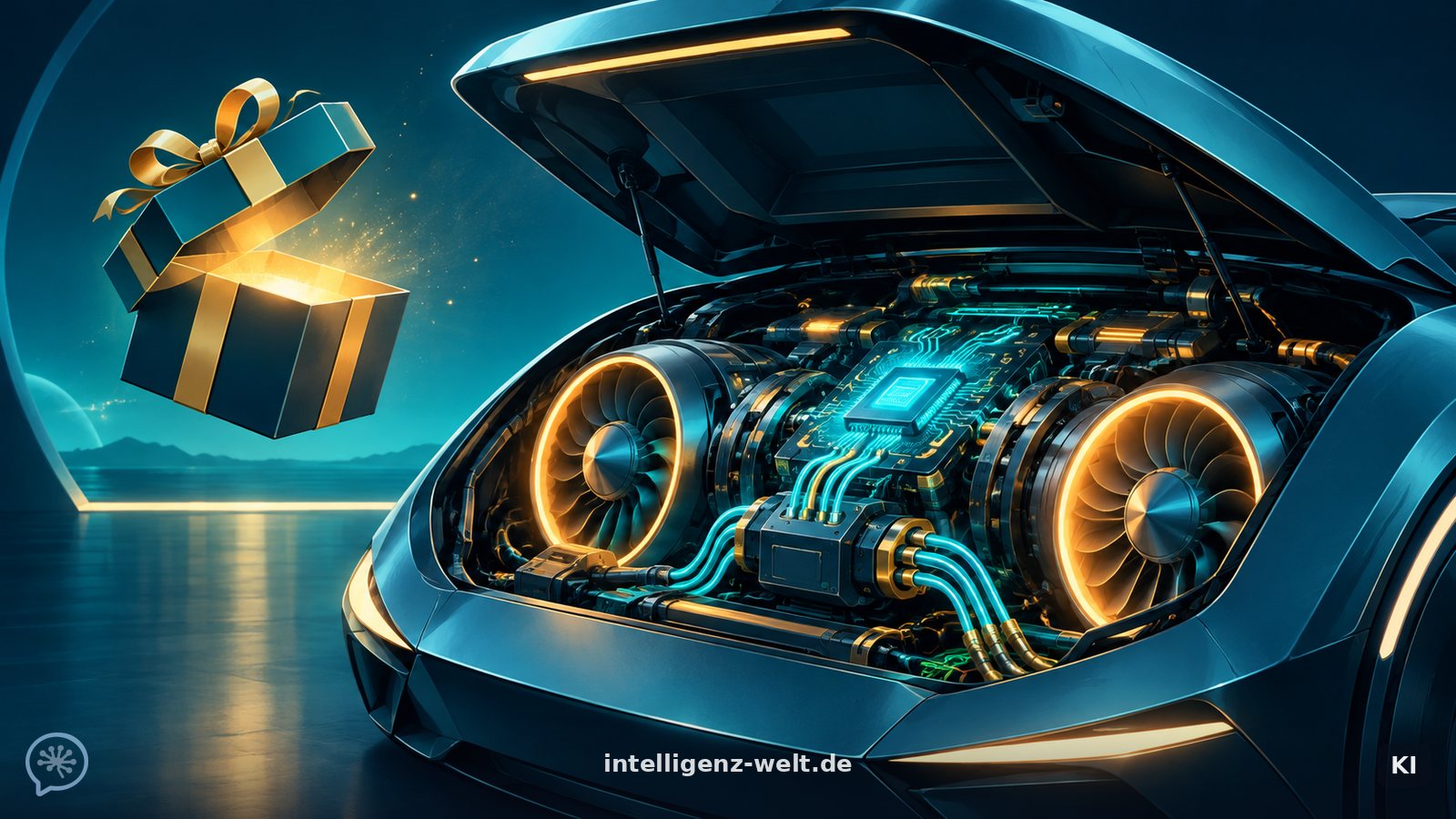 KI-generierte Illustration: eine geöffnete Maschinenhaube gibt den Blick auf leuchtende Turbinen und Schaltkreise frei, daneben schwebt ein geöffnetes Geschenkpaket