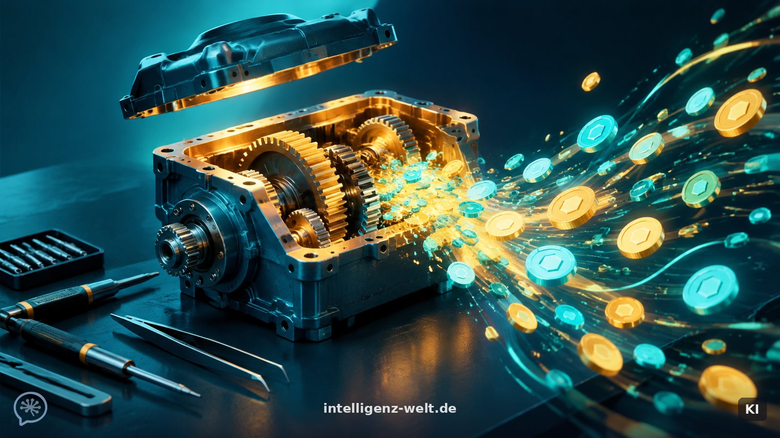 KI-generierte Illustration: ein geöffneter, glühender Getriebekasten, aus dem ein schneller Strom leuchtender Token fließt, Werkzeuge liegen daneben