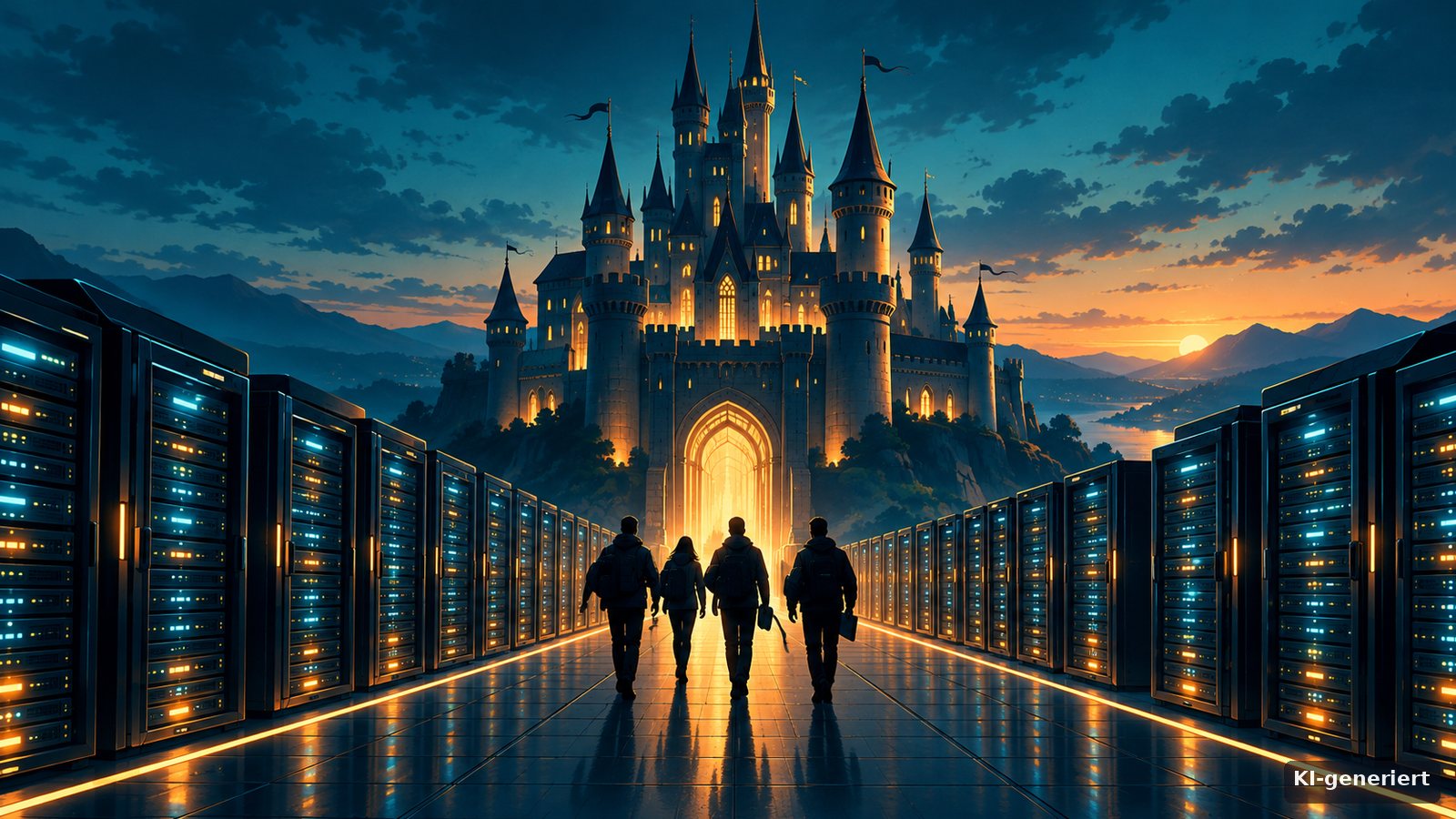 KI-generierte Illustration: ein Märchenschloss im Abendlicht, dessen Silhouette in Reihen leuchtender Serverschränke übergeht, eine Gruppe Silhouetten geht auf das Tor zu
