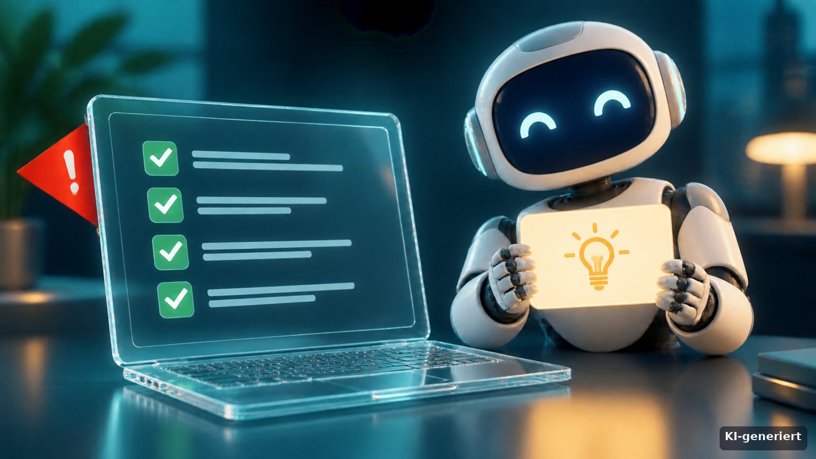 KI-generierte Illustration: ein gläserner Laptop mit einer Checkliste voller grüner Haken, dahinter lugt eine rote Warnflagge hervor, ein freundlicher Roboter hält eine leuchtende Karte mit einem einzigen Satz