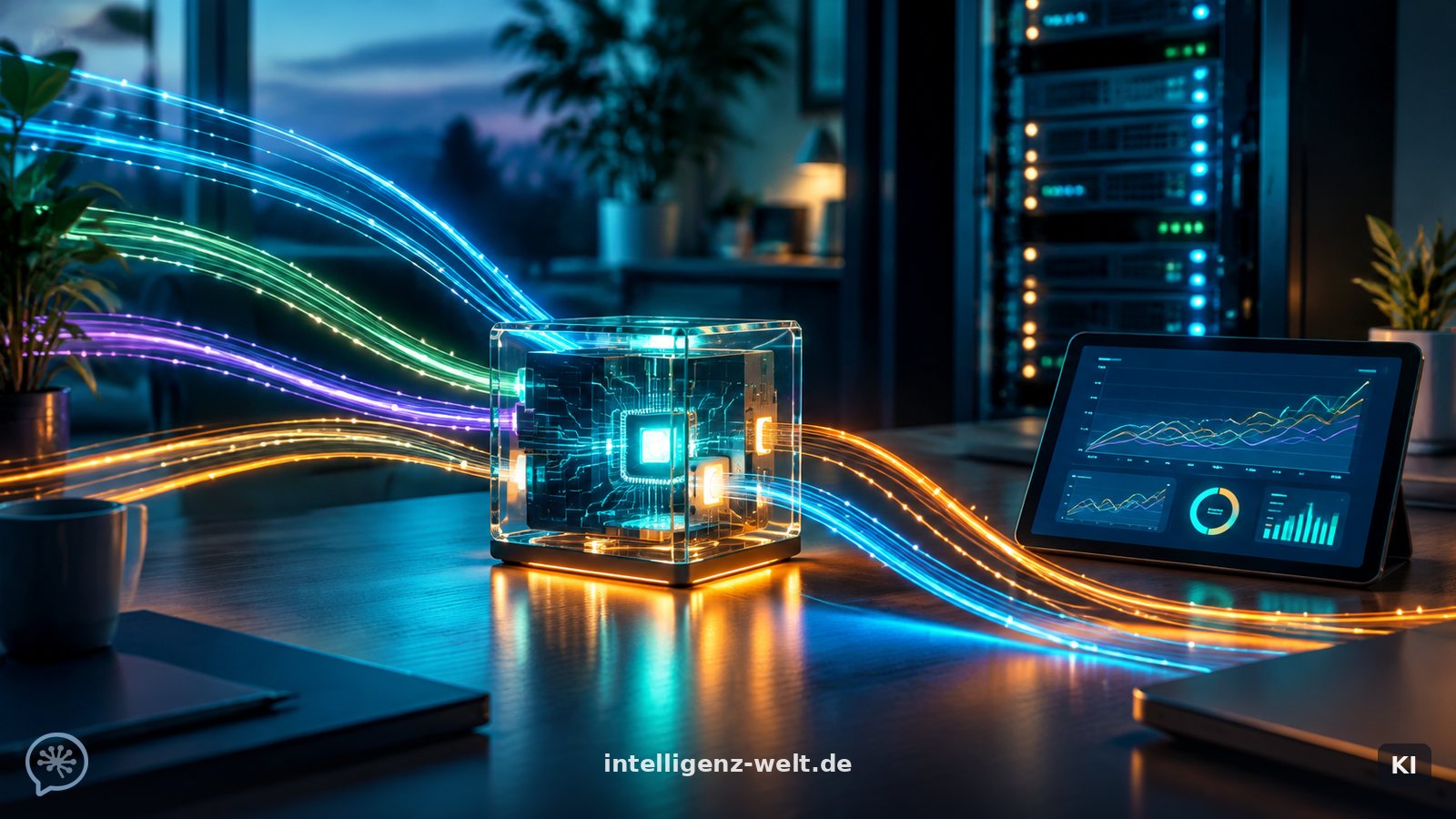 KI-generierte Illustration: ein gläserner Gateway-Würfel auf einem Schreibtisch, durch den viele farbige Datenströme aus unterschiedlichen Richtungen gebündelt fließen, daneben ein kleines Dashboard mit Kurven