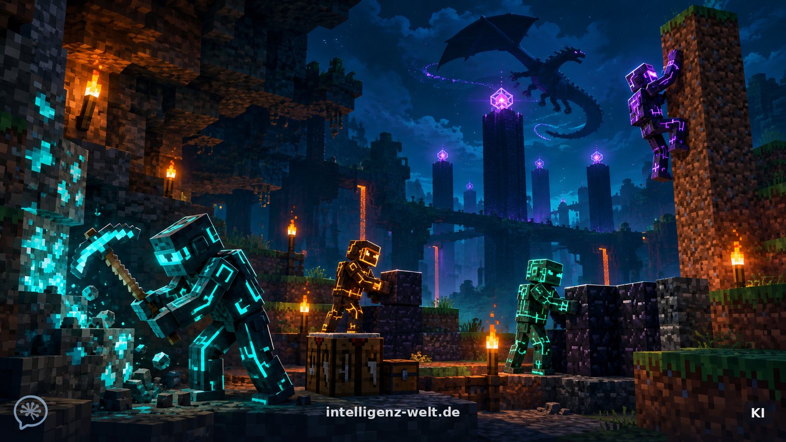 KI-generierte Illustration: vier blockige Roboter aus leuchtenden Schaltkreislinien graben in einer voxelartigen Höhle bei Nacht, über ihnen kreist die Silhouette eines Drachen