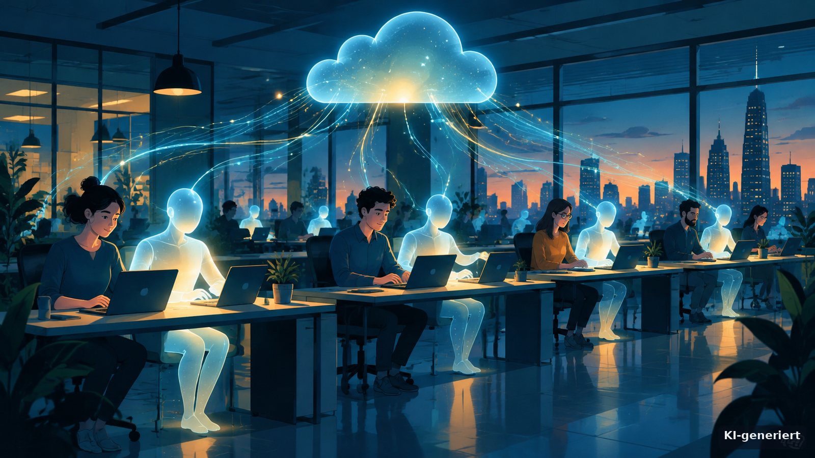 KI-generierte Illustration: In einem Großraumbüro am Abend sitzen leuchtende, durchscheinende Figuren neben Menschen an Laptops, verbunden über Datenfäden mit einer Wolke an der Decke
