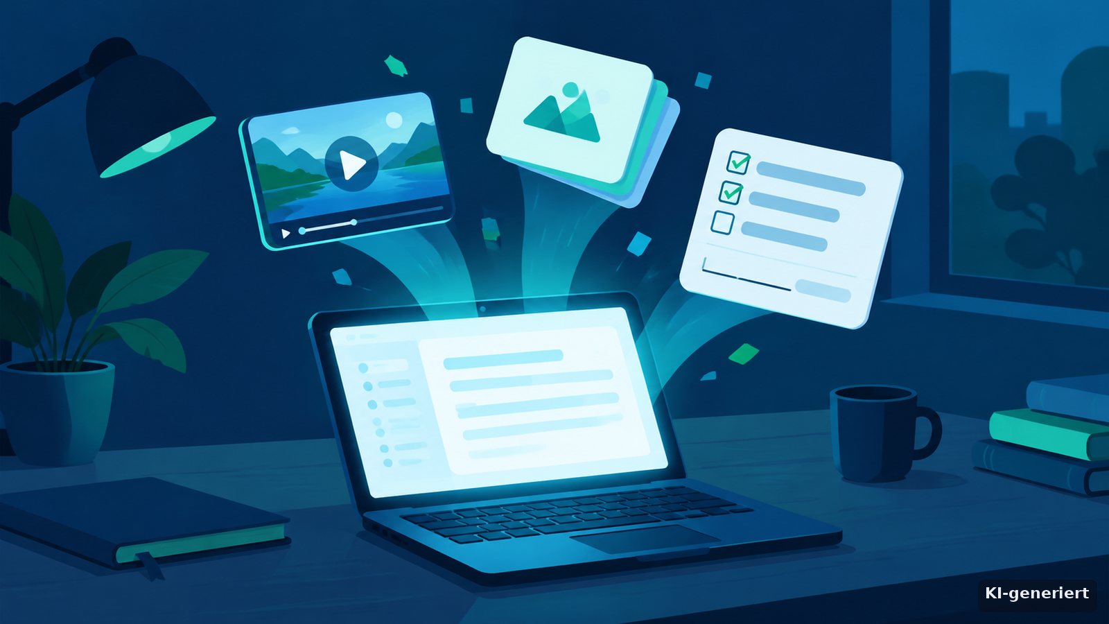 KI-generierte Illustration: ein leuchtender Laptop auf einem Schreibtisch, aus dessen Bildschirm ein Videofenster, ein Kartenstapel und eine Quiz-Checkliste aufsteigen