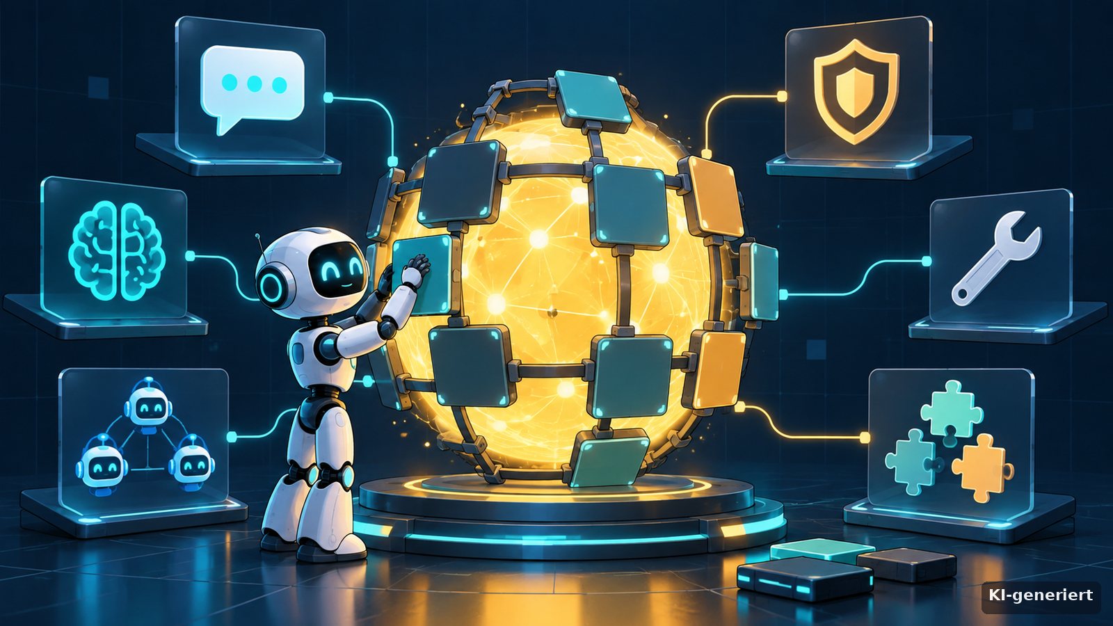 KI-generierte Illustration: ein kleiner Roboter justiert ein leuchtendes modulares Gerüst aus Kacheln, das einen hellen Kern umschließt, daneben schweben Werkzeug-Bausteine wie Zahnrad, Schild und Steckverbindungen