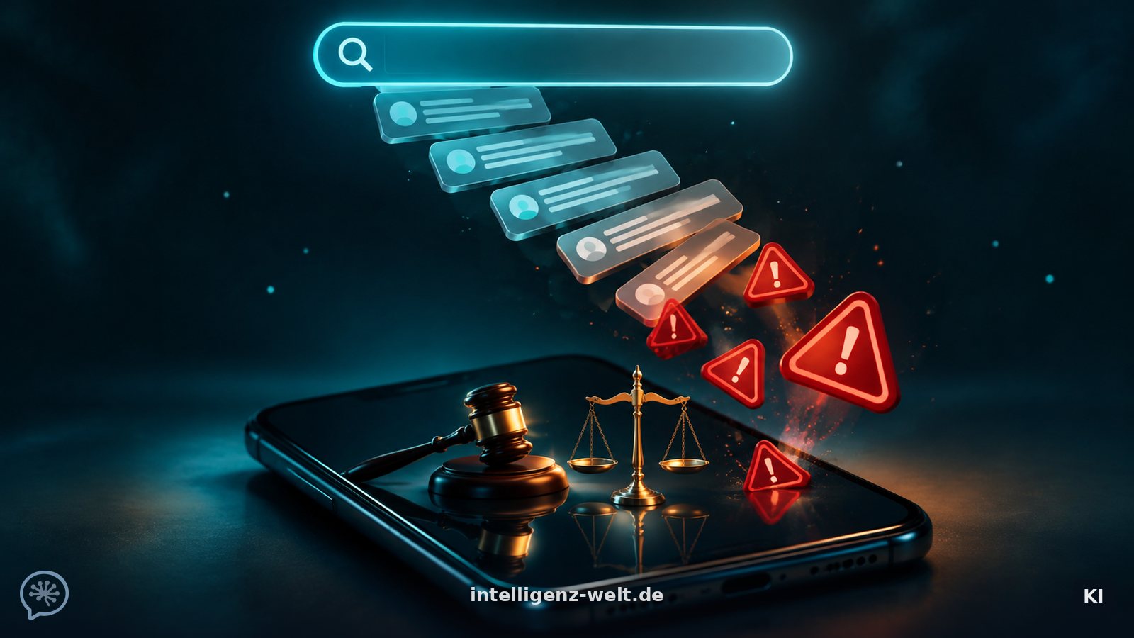 KI-generierte Illustration: ein leuchtender Suchbalken, dessen Antwortblasen in Warnschilder kippen, auf dem Bildschirm spiegeln sich Richterhammer und Waage