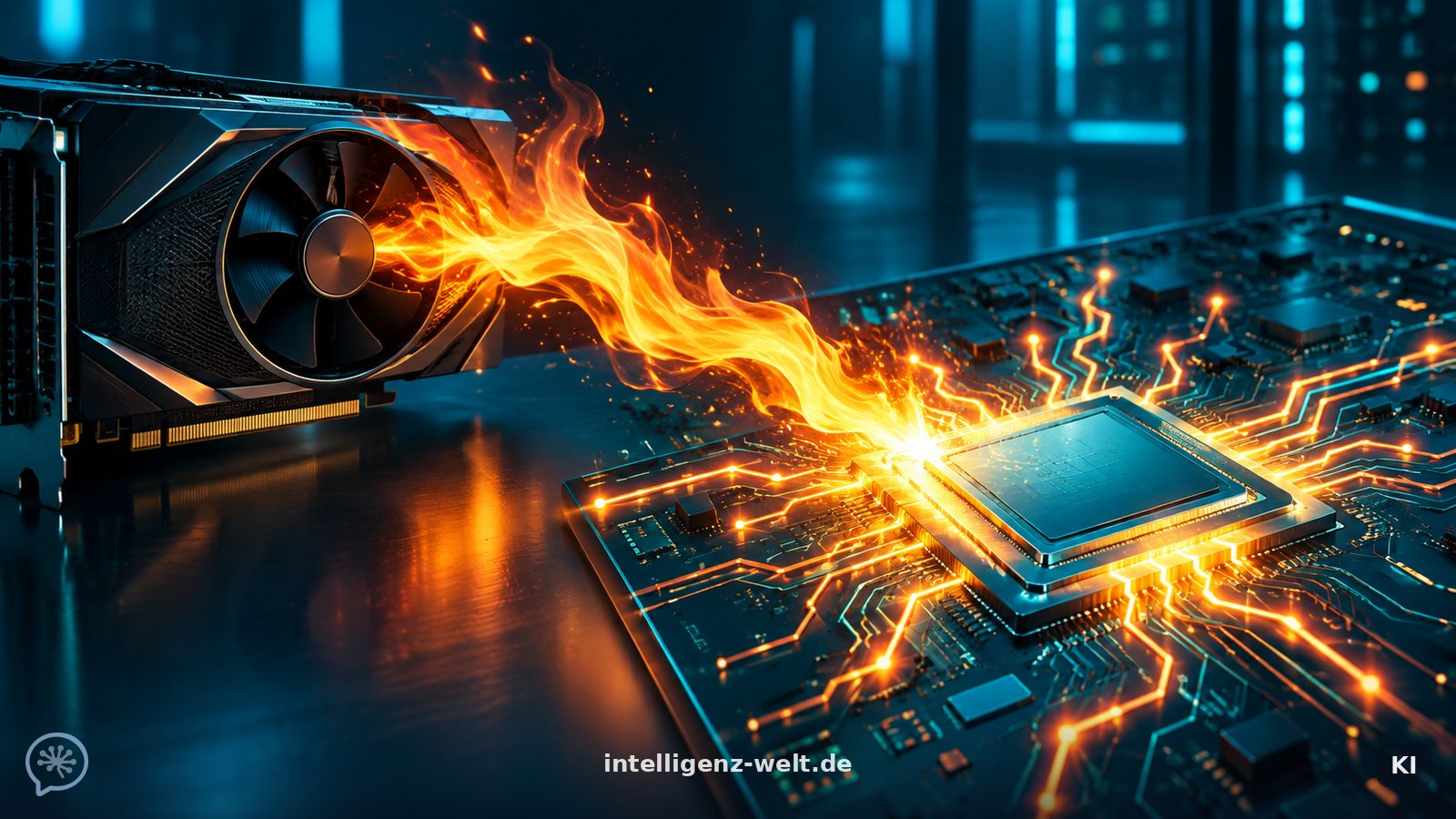 KI-generierte Illustration: eine PyTorch-Flamme, die auf eine glänzende TPU-Platine überspringt und ein Muster aus aktivierten Schaltkreisen entzündet