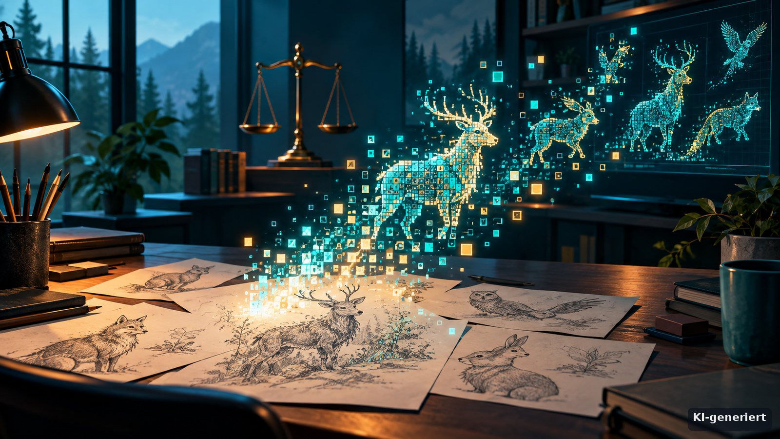 KI-generierte Illustration: ein Zeichentisch in einem ruhigen Atelier, handgezeichnete Waldwesen auf Papier lösen sich in leuchtende Pixel auf und steigen zu einem Bildschirm, im Hintergrund eine Waage der Justitia