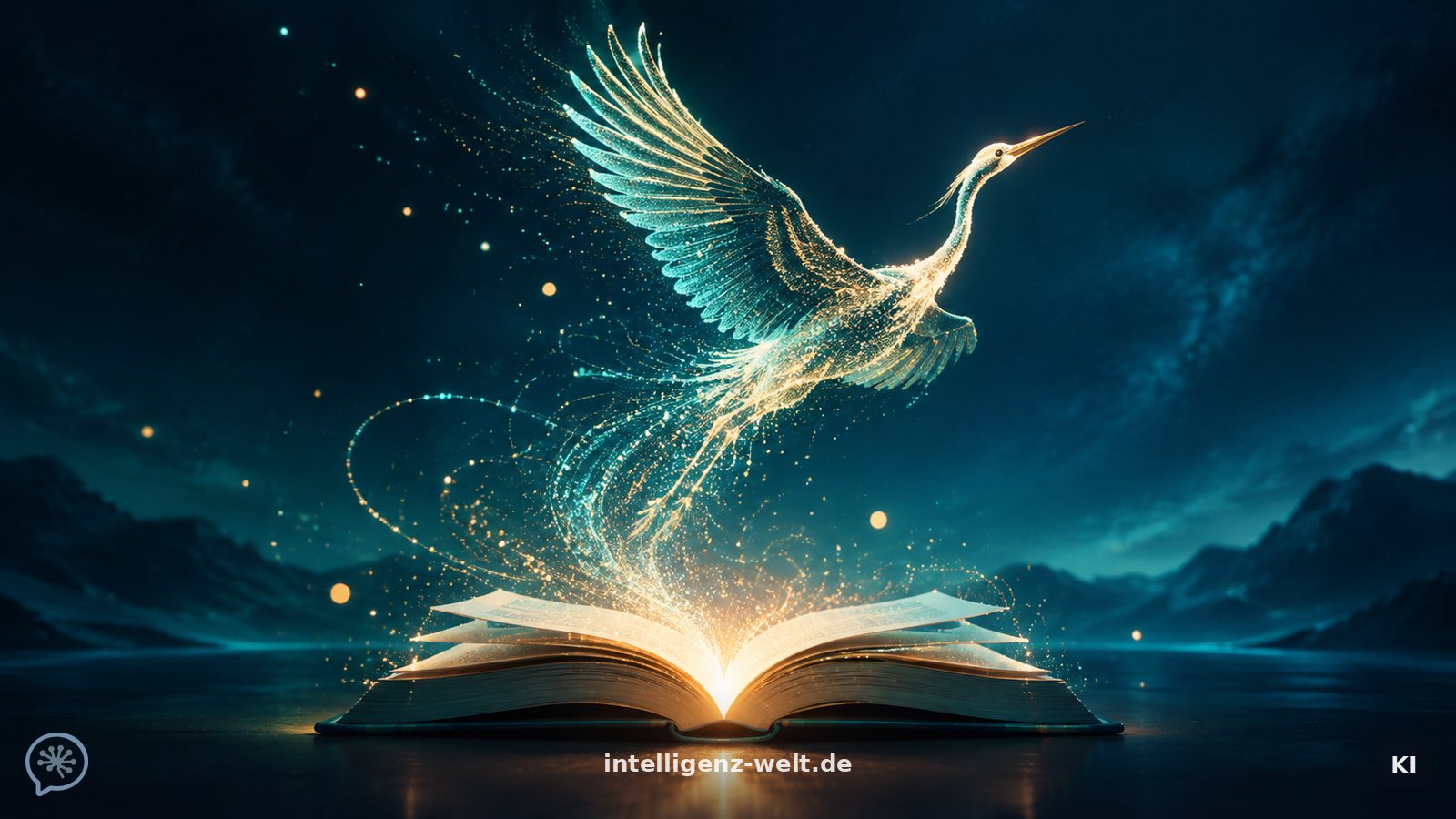 KI-generierte Illustration: aus einem aufgeschlagenen leuchtenden Buch erhebt sich ein Kranich aus Lichtpartikeln in den Nachthimmel