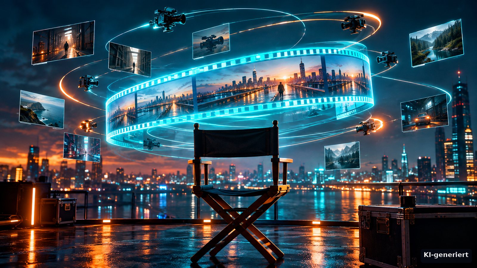 KI-generierte Illustration: ein leerer Regiestuhl vor einer Skyline bei Nacht, darüber kreist ein leuchtender Filmstreifen mit Kameras und schwebenden Bildkarten