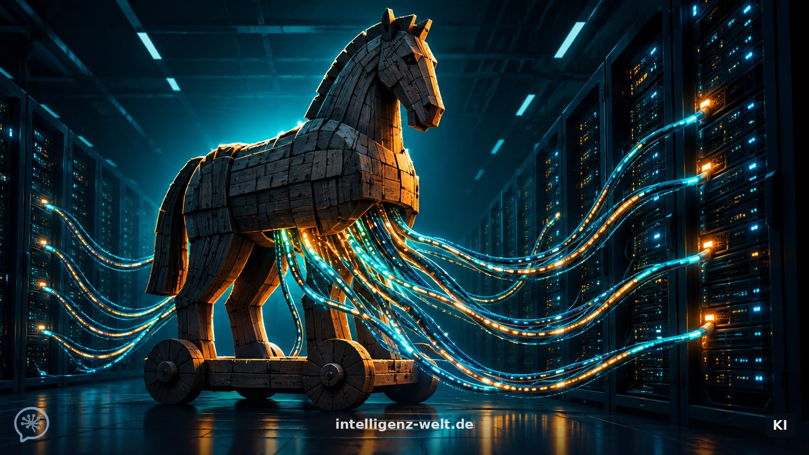 KI-generierte Illustration: ein hölzernes Trojanisches Pferd, aus dem leuchtende Datenkabel wie Tentakeln in einen Serverraum wachsen