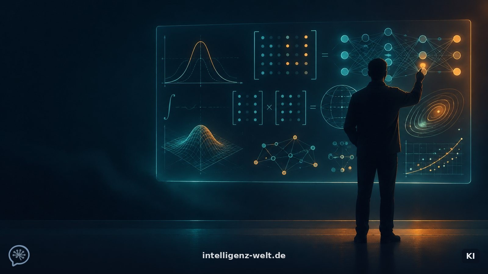 KI-generierte Grafik: dunkle, gesichtslose Silhouette einer Person vor einer leuchtenden Tafel mit Formeln und neuronalen Netzen