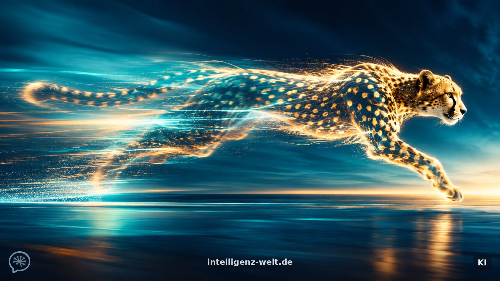 KI-generierte Illustration: ein Gepard aus Licht, der über eine sich parallel materialisierende Textseite sprintet, Bewegungsunschärfe