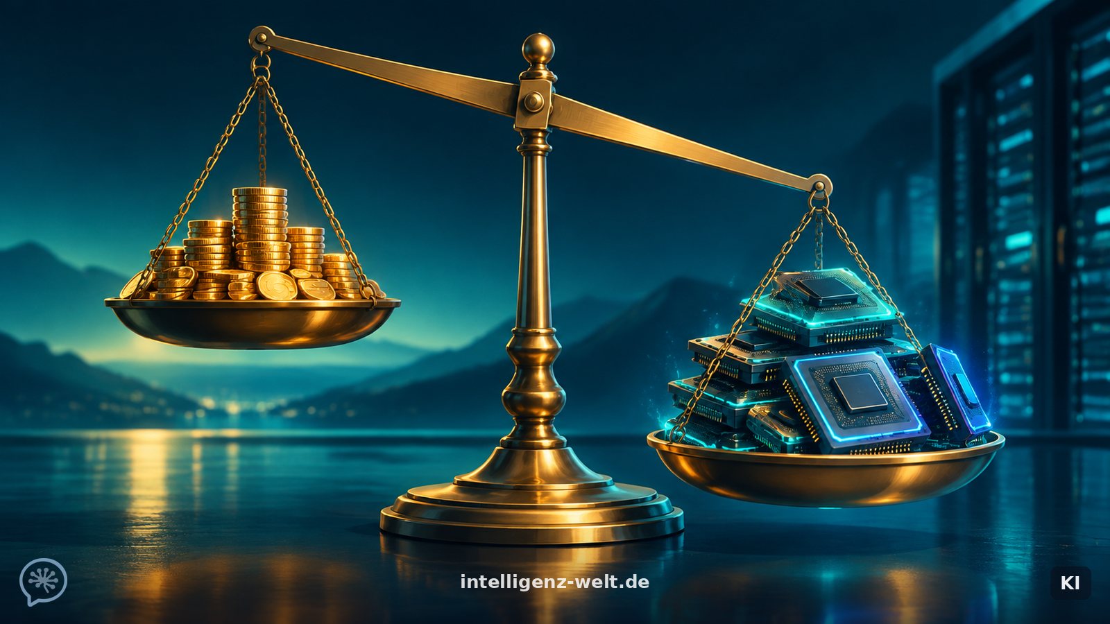 KI-generierte Illustration: eine Waage, auf der Münzen gegen einen Stapel leuchtender GPU-Chips abgewogen werden