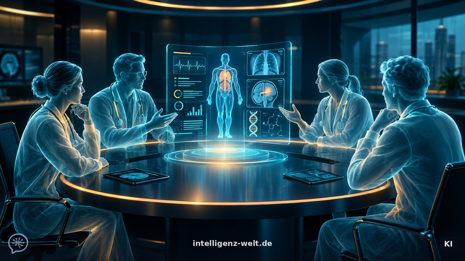 KI-generierte Illustration: leuchtende transluzente Arztfiguren an einem runden Tisch, die über einer holografischen Patientenakte beraten