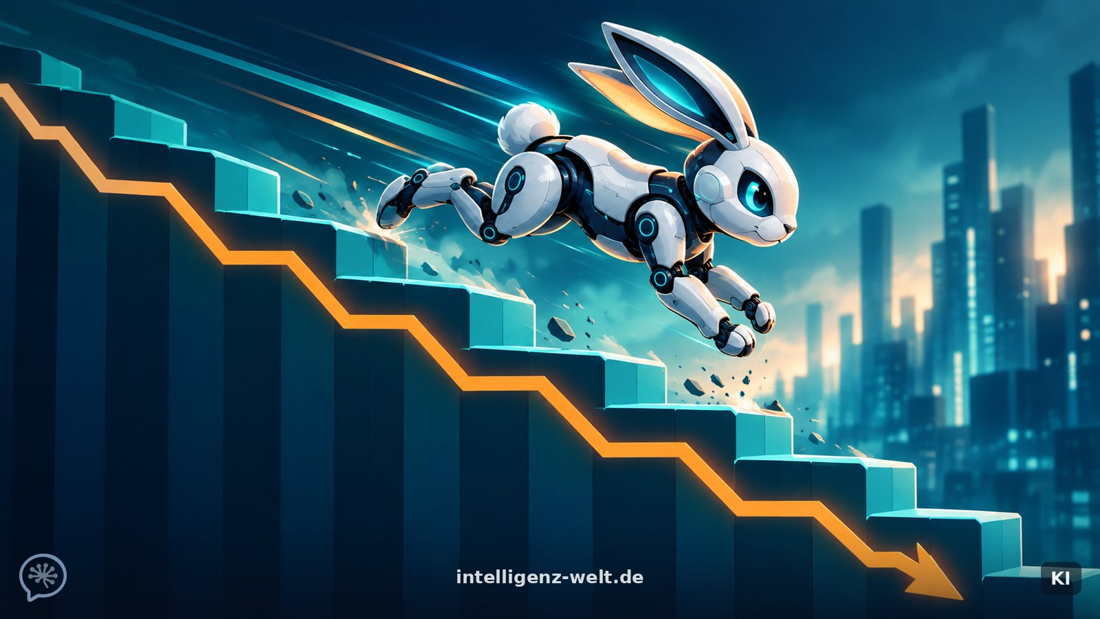 KI-generierte Illustration: ein kleiner, flinker Roboter-Hase aus leuchtenden Linien rast einen abwärts zeigenden Preisgraphen entlang, Preisschilder purzeln hinter ihm her