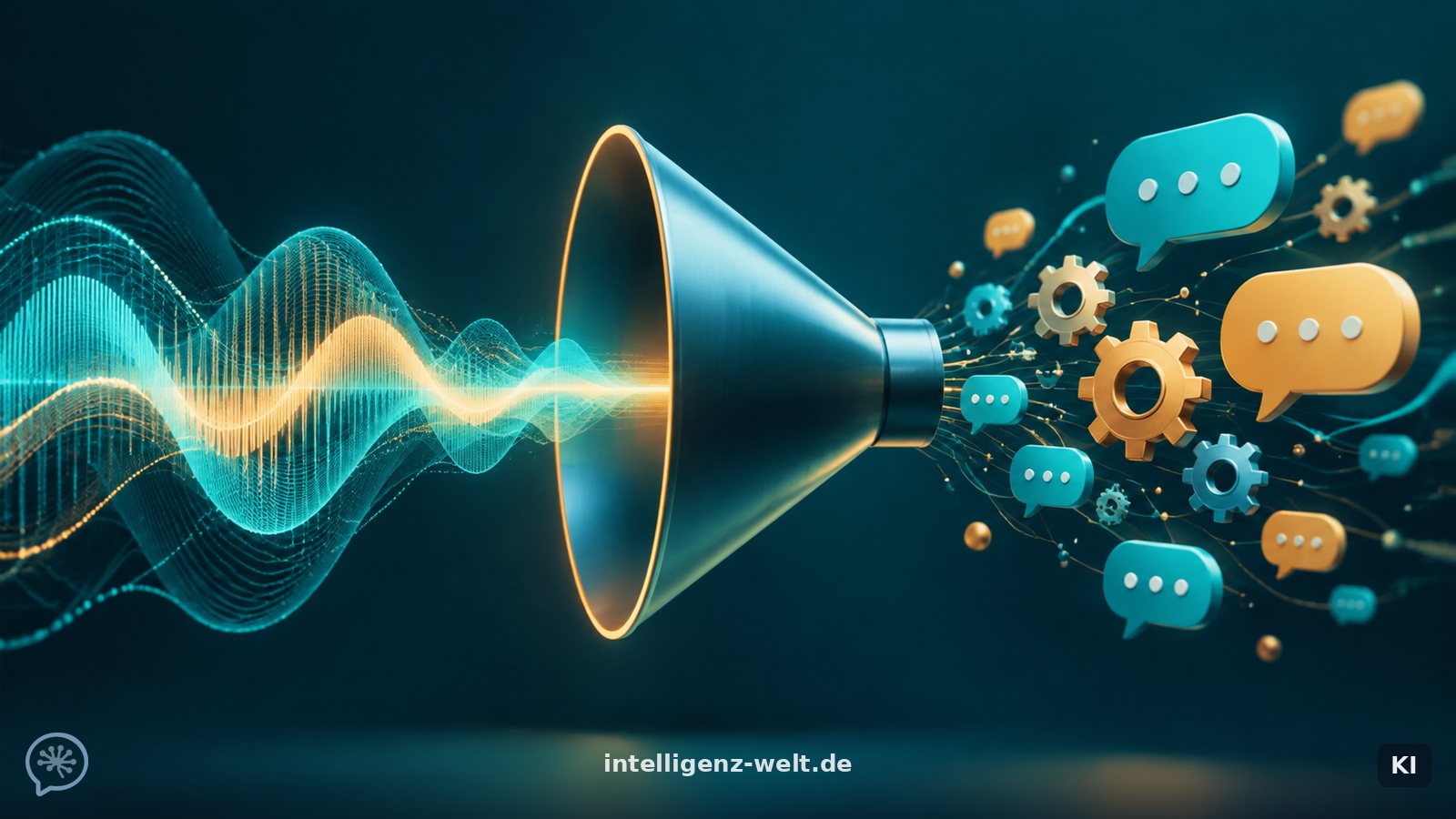 KI-generierte Illustration: Schallwellen, die in einen Trichter laufen und auf der anderen Seite als Sprechblasen und Zahnräder herauskommen