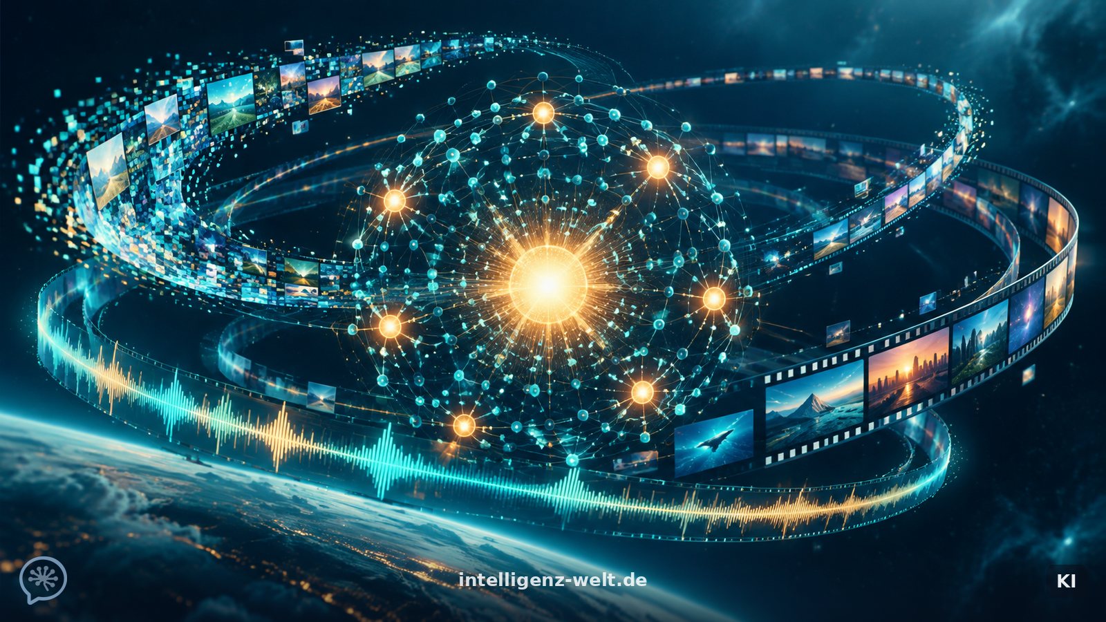 KI-generierte Illustration: ein helles Funken-Kernstück, umgeben von einem Sternbild vieler kleiner Experten-Knoten, von denen acht gleichzeitig aufleuchten, dazwischen Wellen aus Bild, Ton und Video