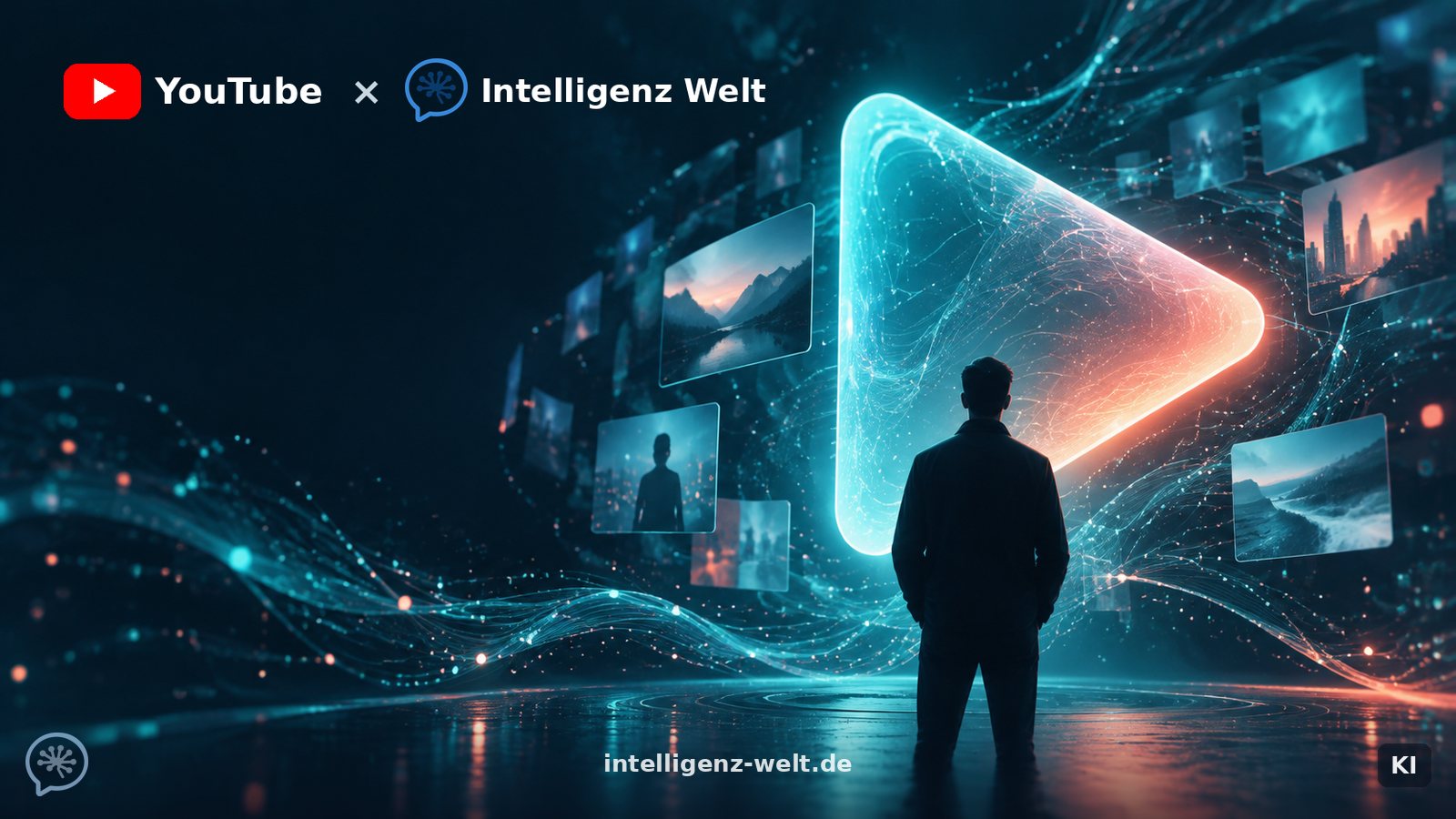 KI-generierte Grafik: dunkle, gesichtslose Silhouette einer Person vor einem leuchtenden, durchscheinenden Play-Symbol, umgeben von Datenlinien und schwebenden Videobildern, oben links die Logos von YouTube und Intelligenz Welt