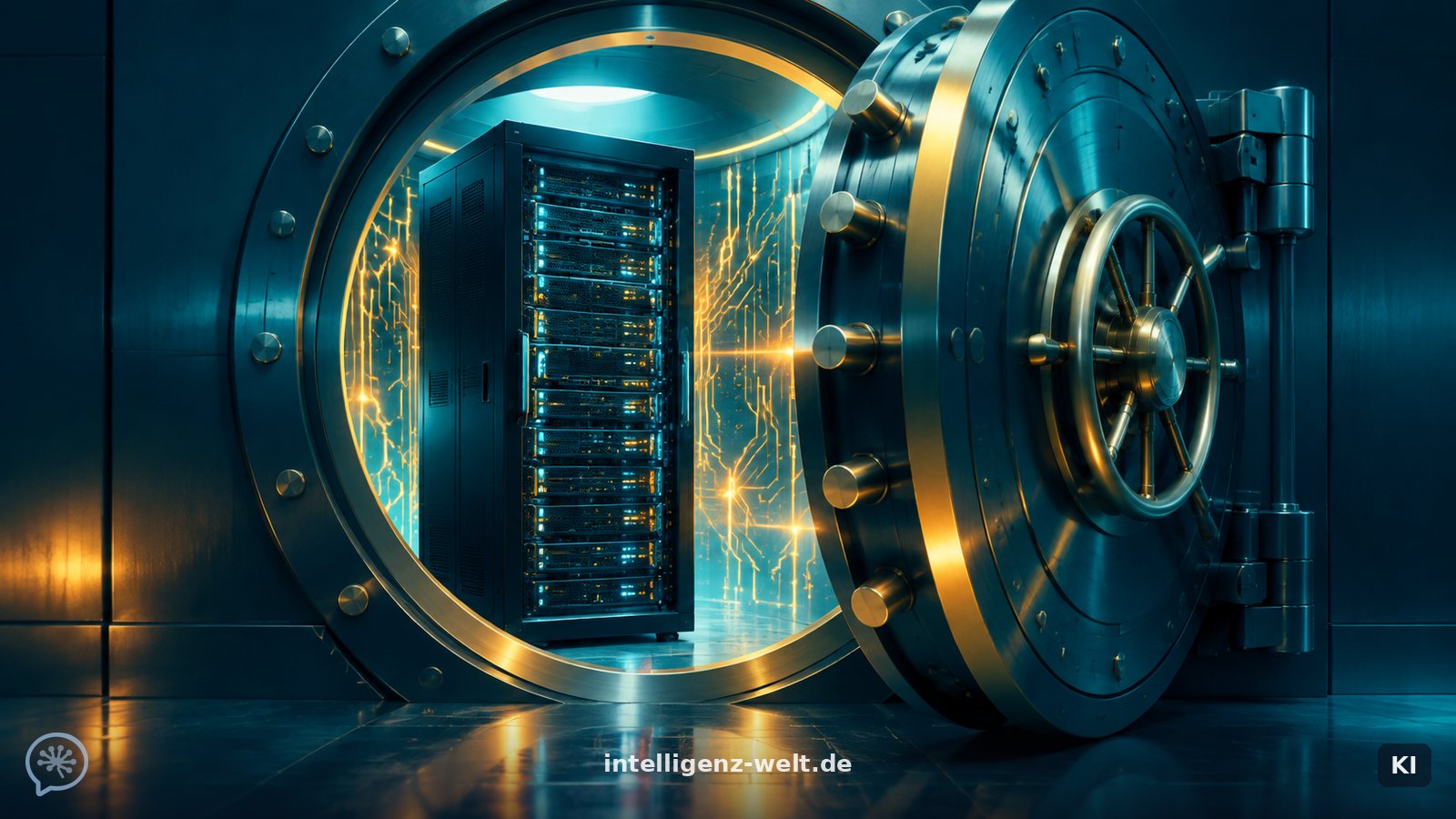 KI-generierte Illustration: ein Server-Rack in einem leuchtenden Tresor, dessen Tür einen Spalt weit offen steht und Schaltkreise zeigt