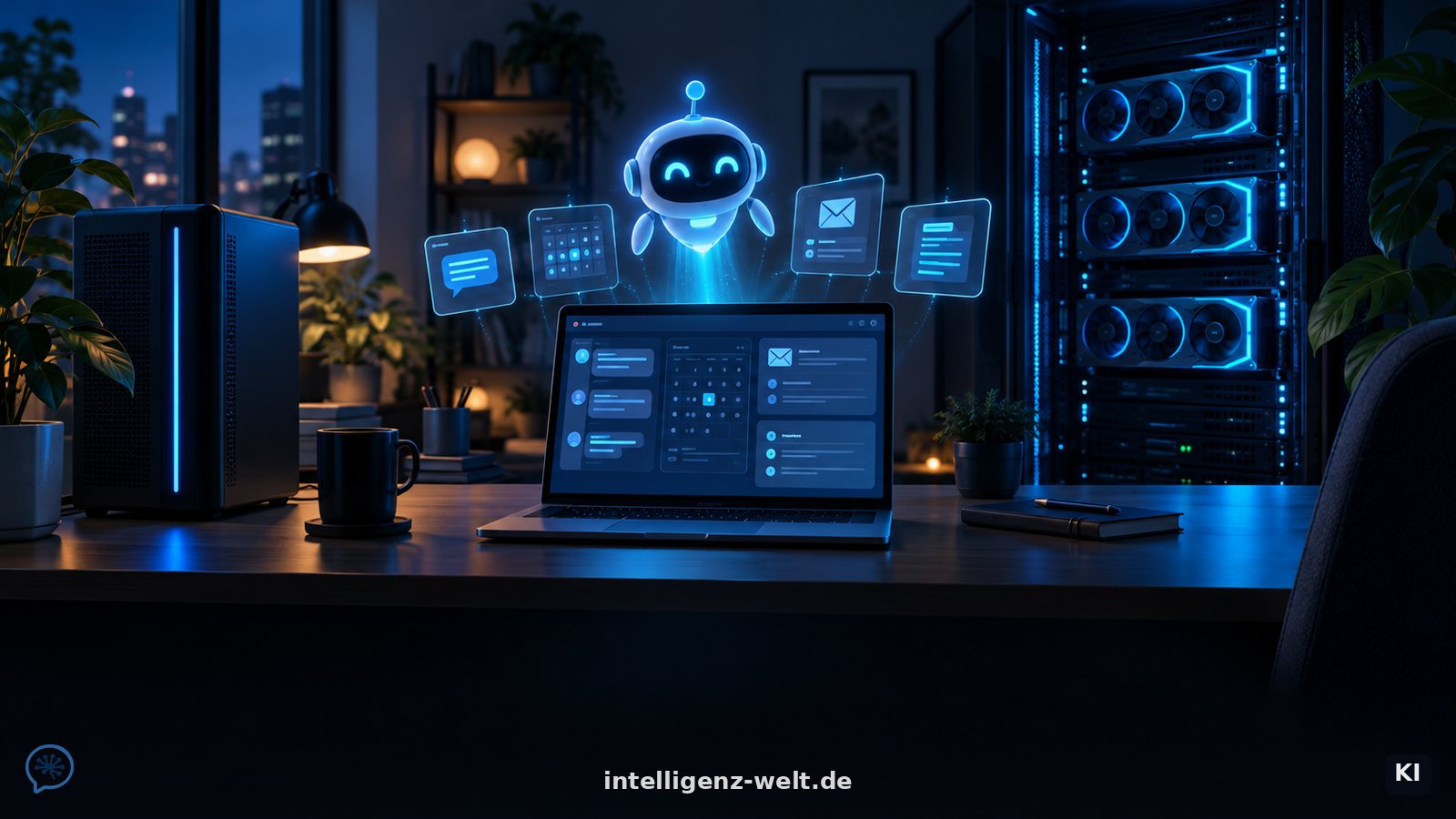KI-generierte Illustration: ein Schreibtisch bei Nacht mit Laptop, einem kleinen schwebenden Roboter-Assistenten über Chat-, Kalender- und Mail-Fenstern und einem Server-Rack mit Grafikkarten im Hintergrund