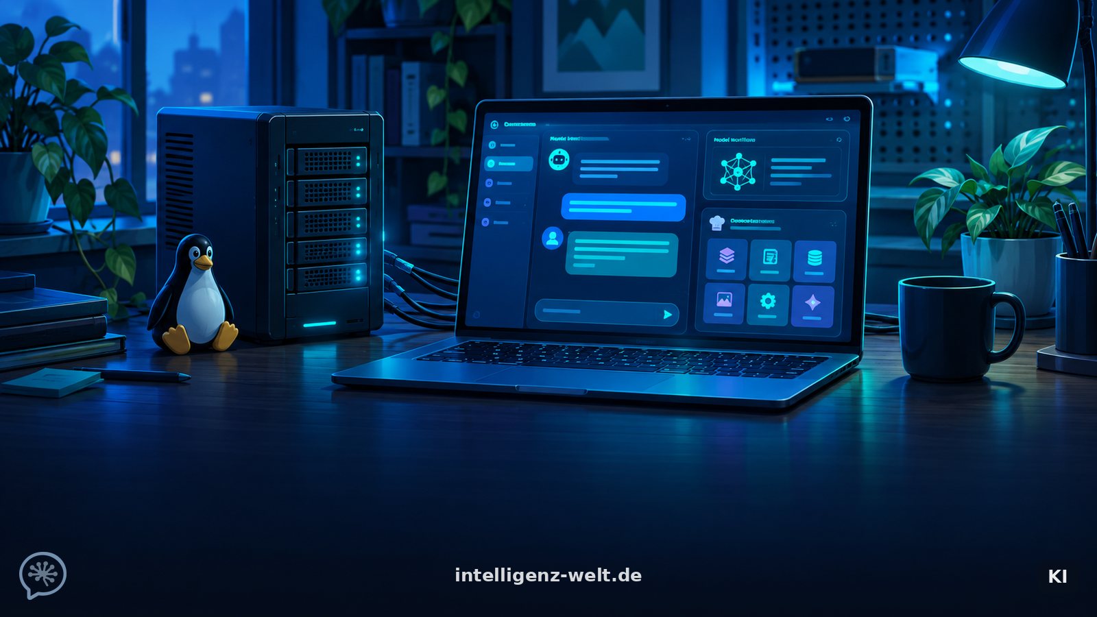 KI-generierte Illustration: ein Laptop mit abstrakter KI-Oberfläche neben einem kleinen Heimserver und einer Pinguin-Figur auf einem Schreibtisch im blauen Abendlicht