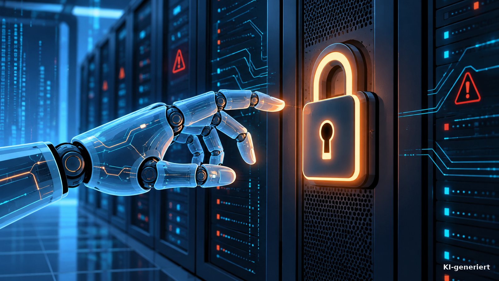 KI-generierte Illustration: eine durchscheinende Roboterhand greift nach einem leuchtenden Vorhängeschloss an einem Server-Rack, im Hintergrund Datenströme und rote Warnsymbole