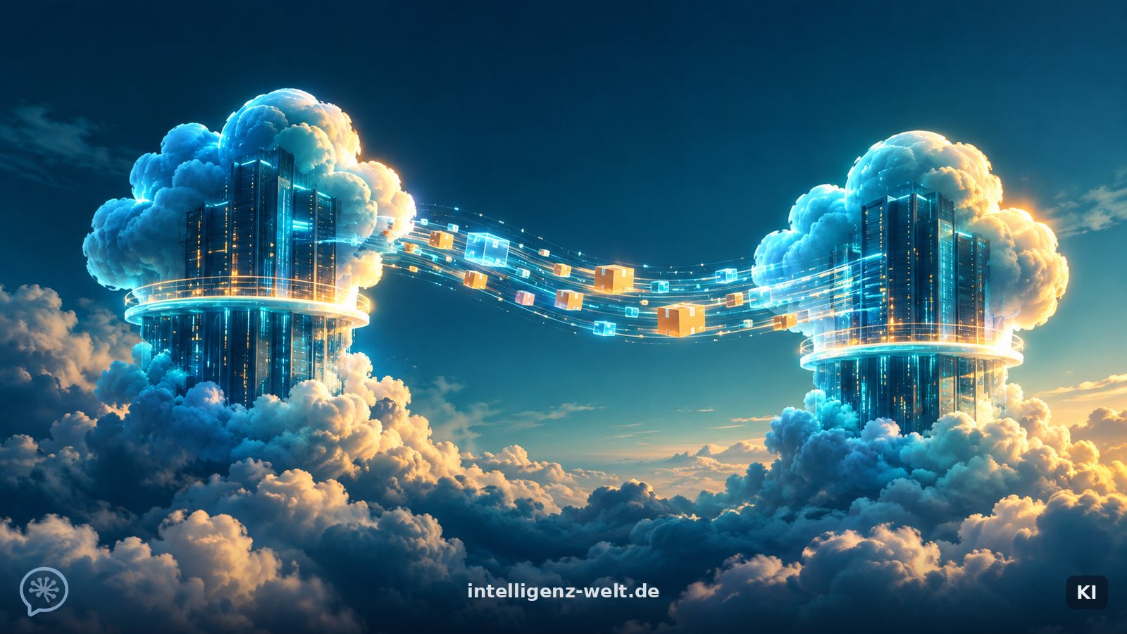 KI-generierte Illustration: zwei leuchtende Wolken-Türme, zwischen denen eine Brücke aus Datenströmen gespannt ist, Pakete wandern hinüber