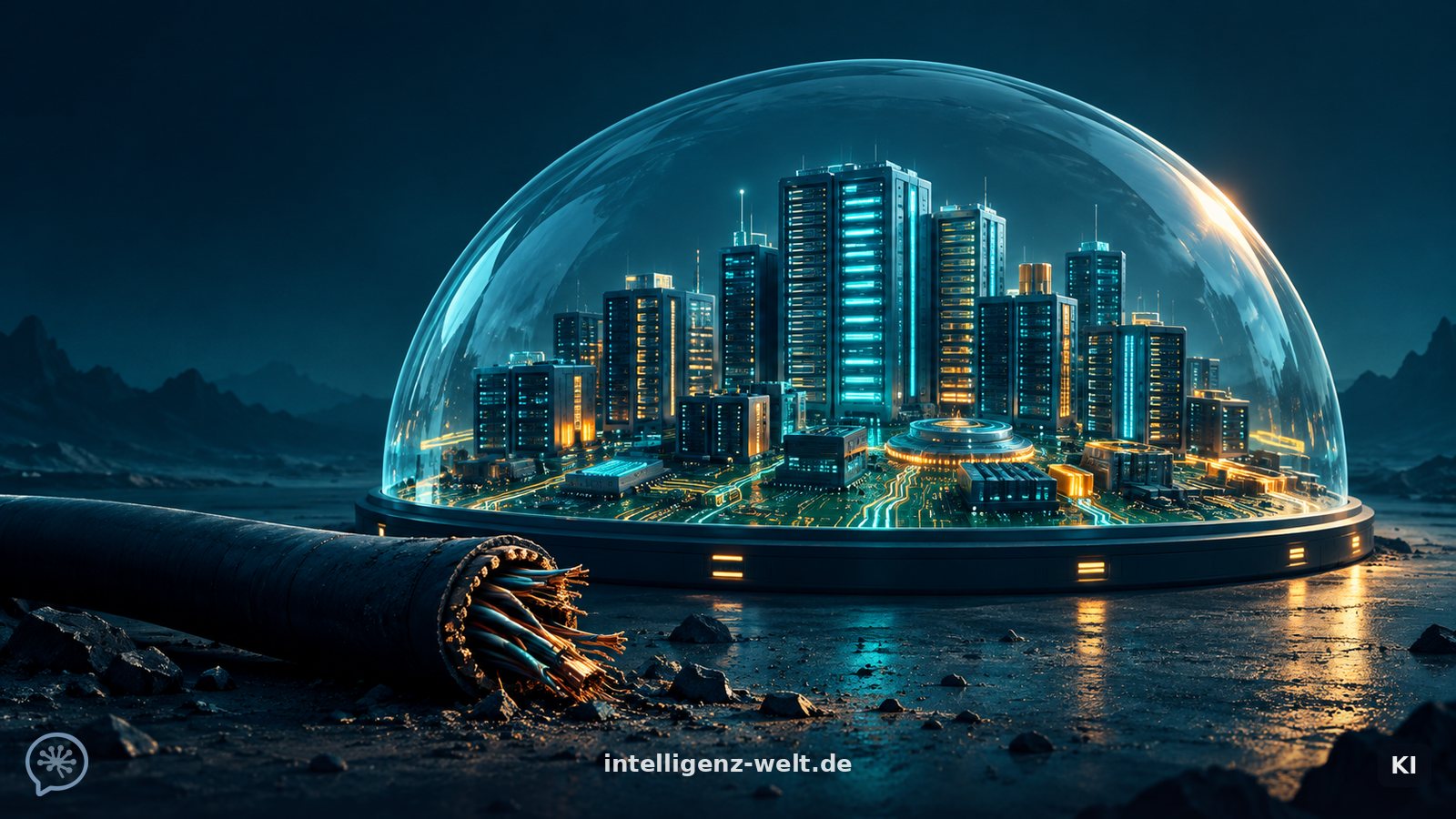 KI-generierte Illustration: eine gläserne Kuppel über einer Miniaturstadt aus Servern, ein durchtrenntes Kabel liegt vor der Kuppel