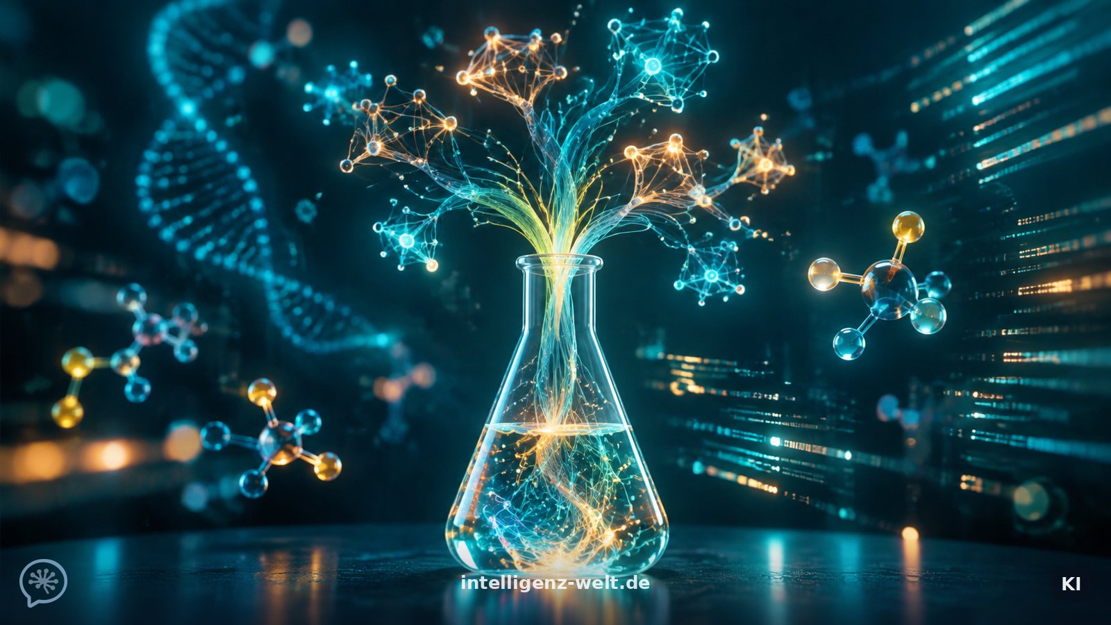 KI-generierte Illustration: ein Labor-Kolben, aus dem leuchtende neuronale Netzstränge wachsen, daneben Code-Zeilen und Molekülstrukturen