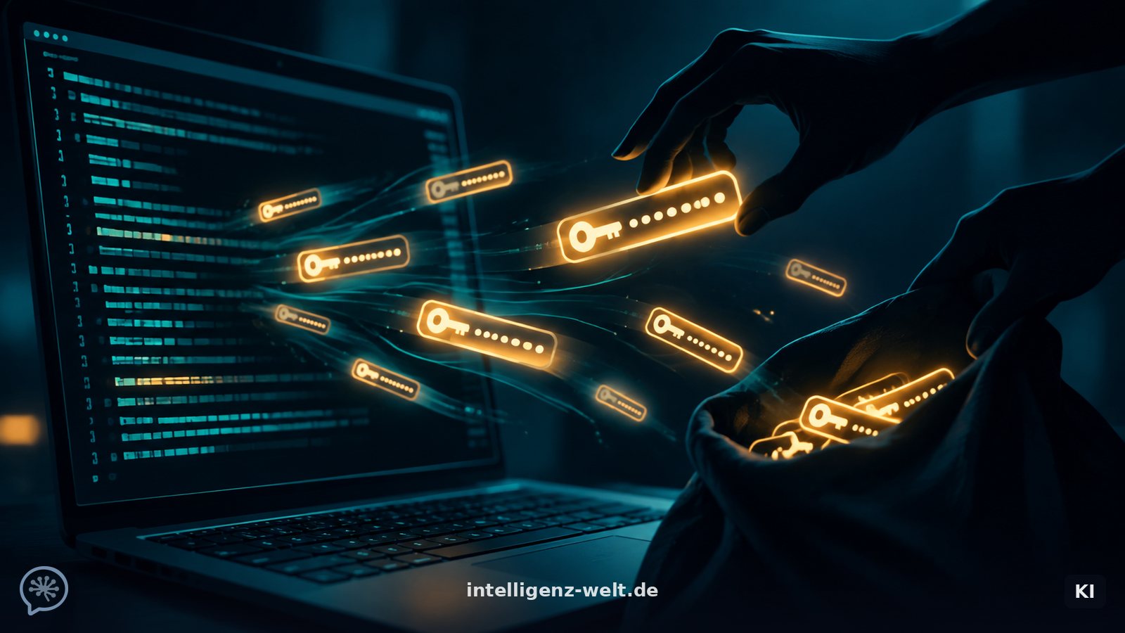 KI-generierte Illustration: ein dunkler Schreibtisch mit einem Terminal-Fenster, aus dem leuchtende Schlüssel-Token wie Funken abgezogen werden, Schattenfiguren im Hintergrund