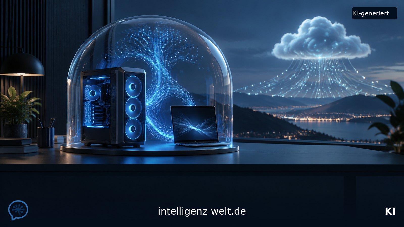 KI-generierte Symbolillustration: Desktop-PC und Laptop unter einer gläsernen Kuppel, daneben eine entfernte leuchtende Cloud; unten IW-Logo, intelligenz-welt.de und KI