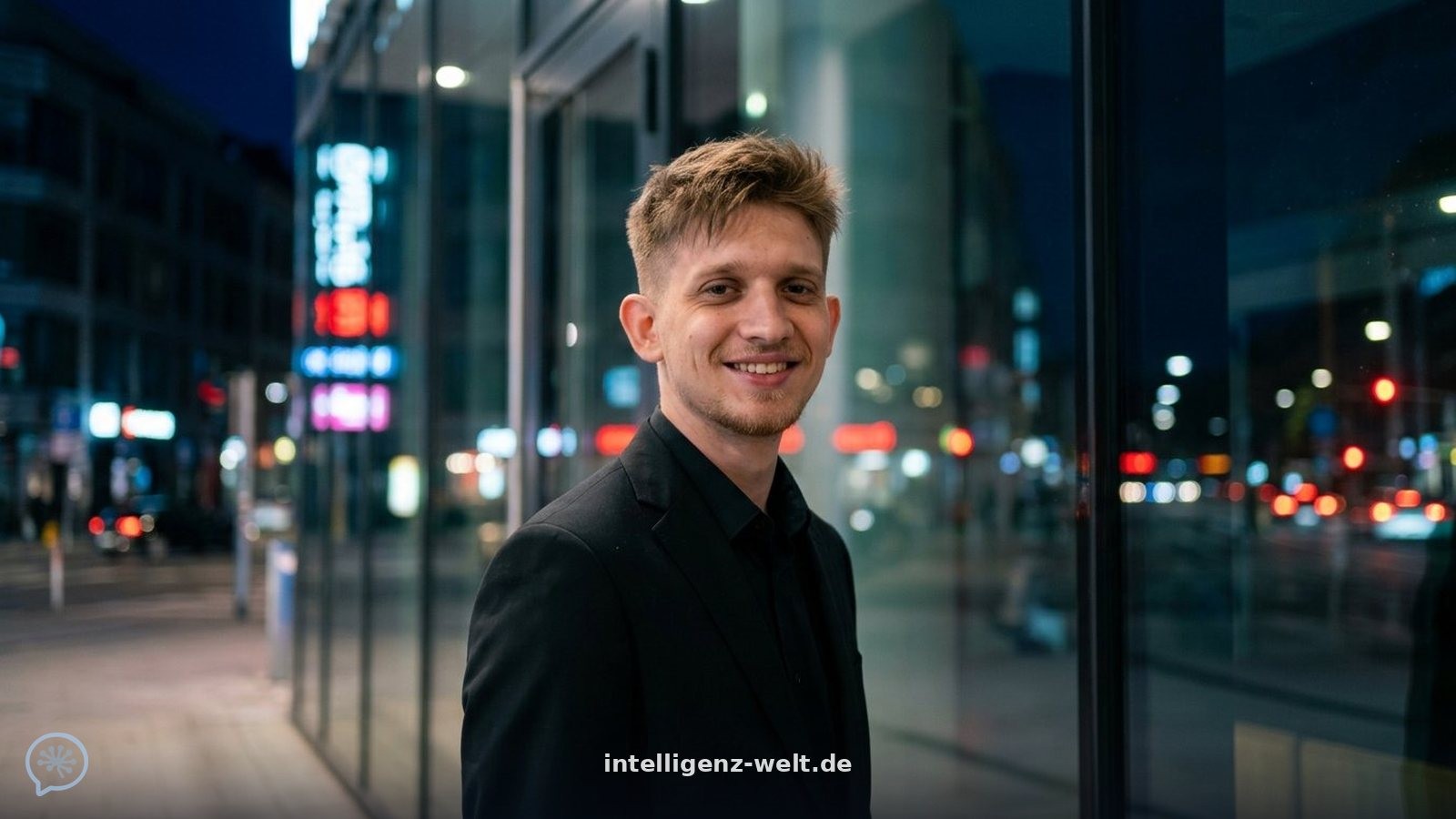 Porträtfoto von Philipp Paulik: ein lächelnder junger Mann in schwarzem Sakko und schwarzem Hemd steht abends vor einer Glasfassade in der Stadt, im Hintergrund Neonreklame und Straßenlichter
