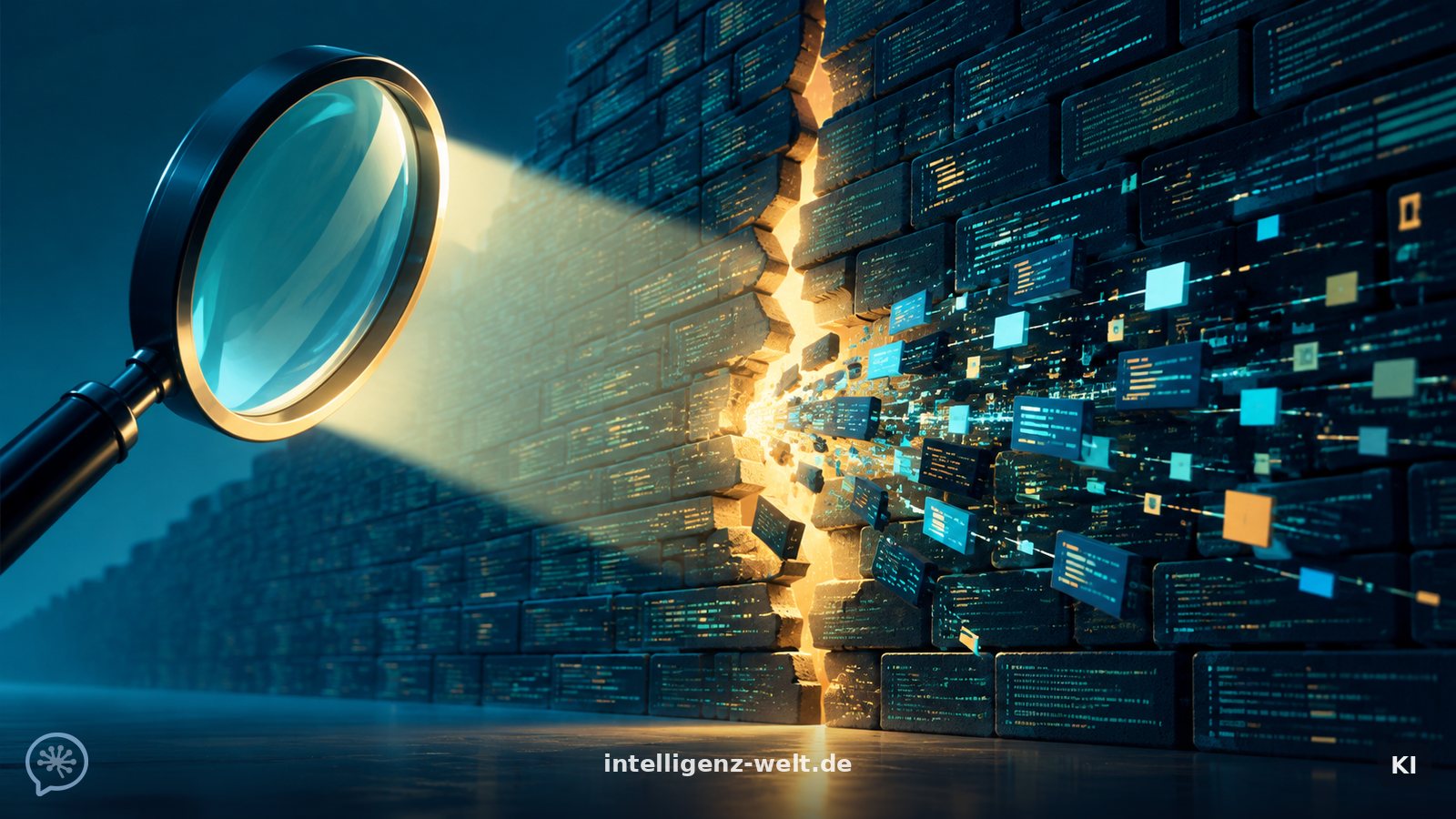KI-generierte Illustration: ein Lichtstrahl aus einer Linse legt einen leuchtenden Riss in einer Mauer aus Code-Ziegeln frei