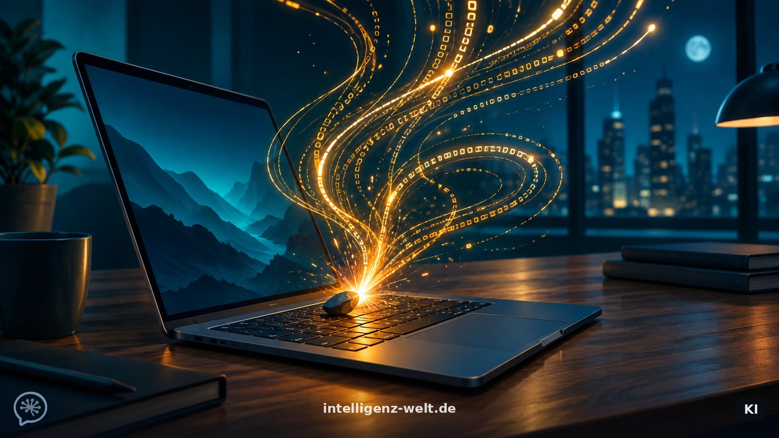 KI-generierte Illustration: ein aufgeklapptes Laptop auf einem Schreibtisch, aus dessen Bildschirm ein kleiner funkelnder Feuerstein-Funke Code-Zeilen entzündet
