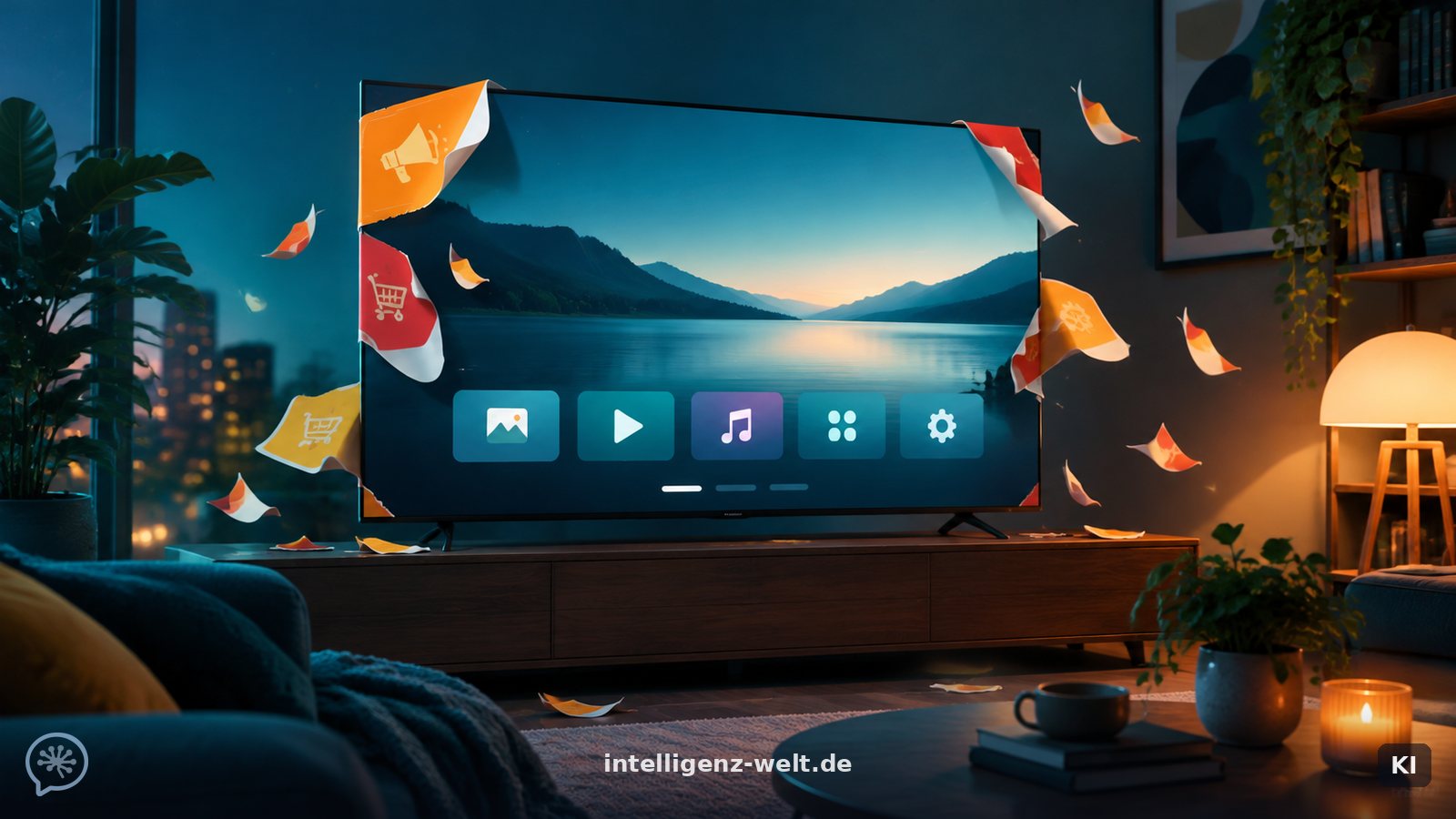 KI-generierte Illustration: ein Wohnzimmer-Fernseher, von dem sich Aufkleber-artige Werbe-Icons wie Herbstblätter lösen und abfallen, darunter erscheint eine aufgeräumte, minimale Startseite