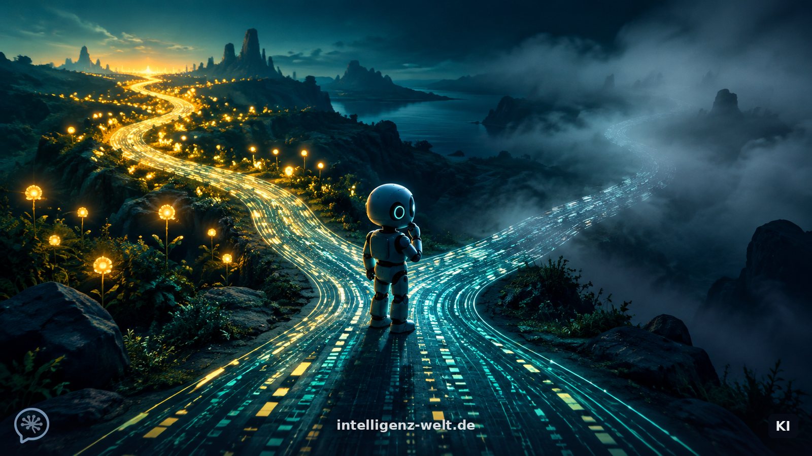 KI-generierte Illustration: ein leuchtender Pfad aus Code-Zeilen gabelt sich in einer dunklen Landschaft, ein kleiner Roboter steht grübelnd an der Weggabelung, ein Weg blüht auf, der andere verblasst