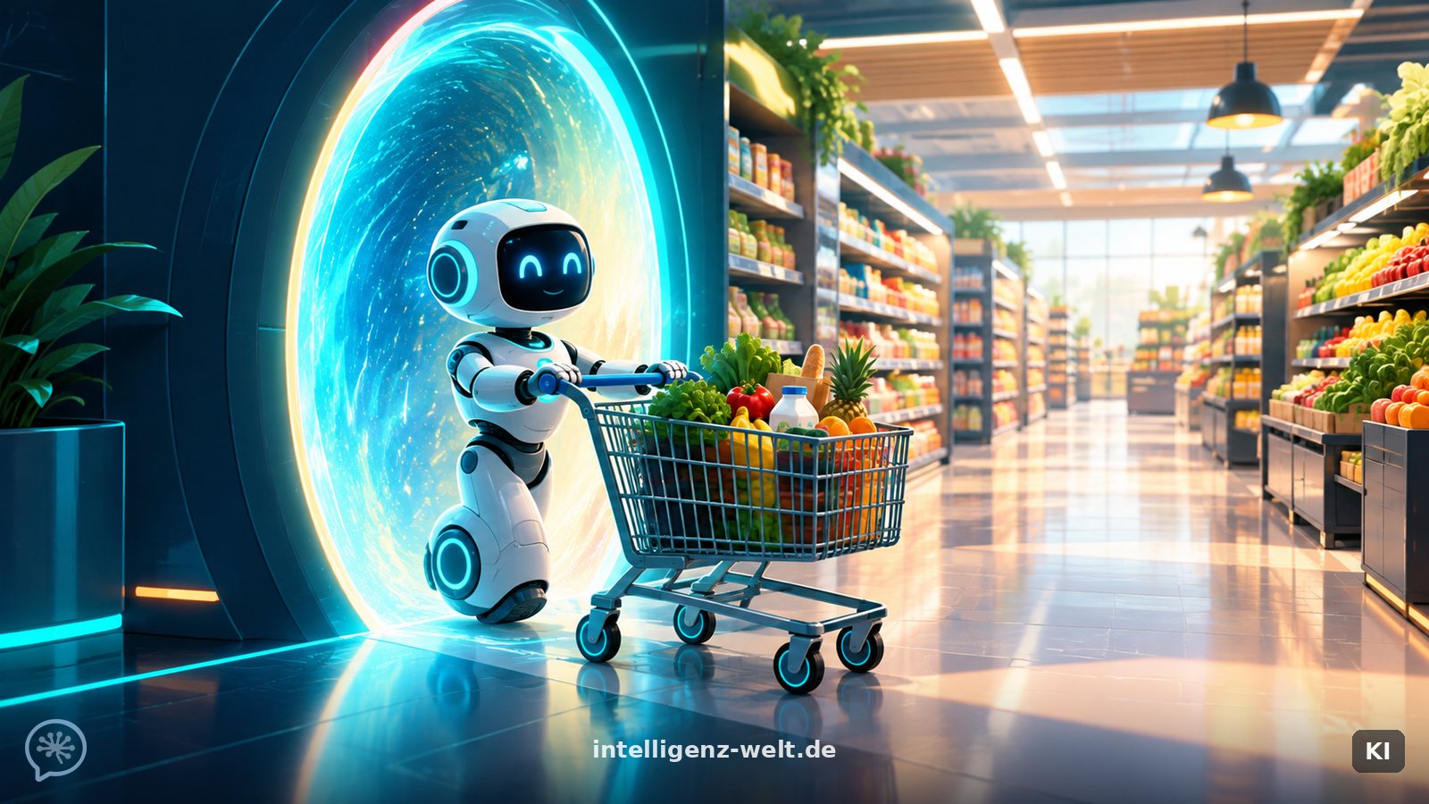 KI-generierte Illustration: ein freundlicher Roboter schiebt einen Einkaufswagen durch ein leuchtendes Tor in einen Supermarkt