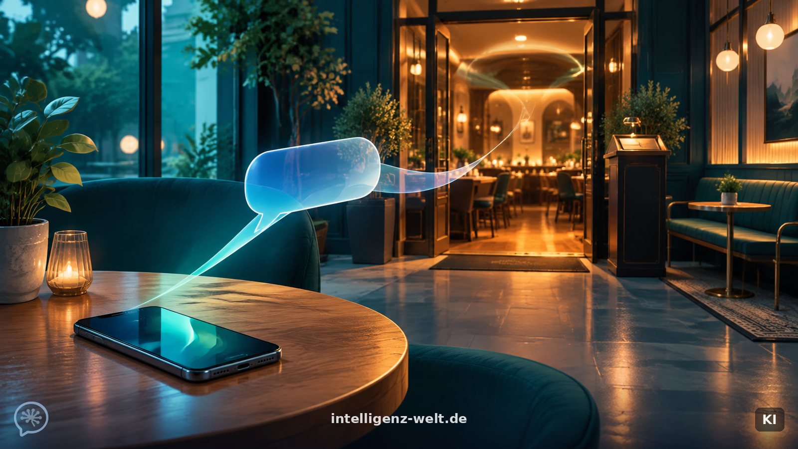 KI-generierte Illustration: ein Smartphone auf einem Cafétisch, aus dem eine Sprechblase Richtung eines gemütlichen Restaurants mit Wartebereich schwebt